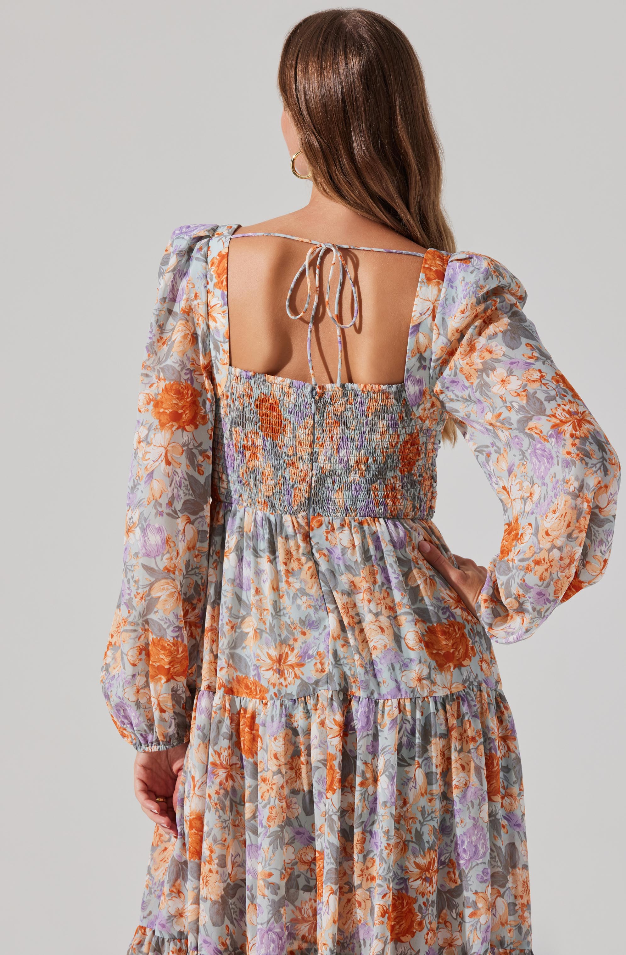 Floral Pleated Surplice Puff Sleeve Midi Dress-Aljck