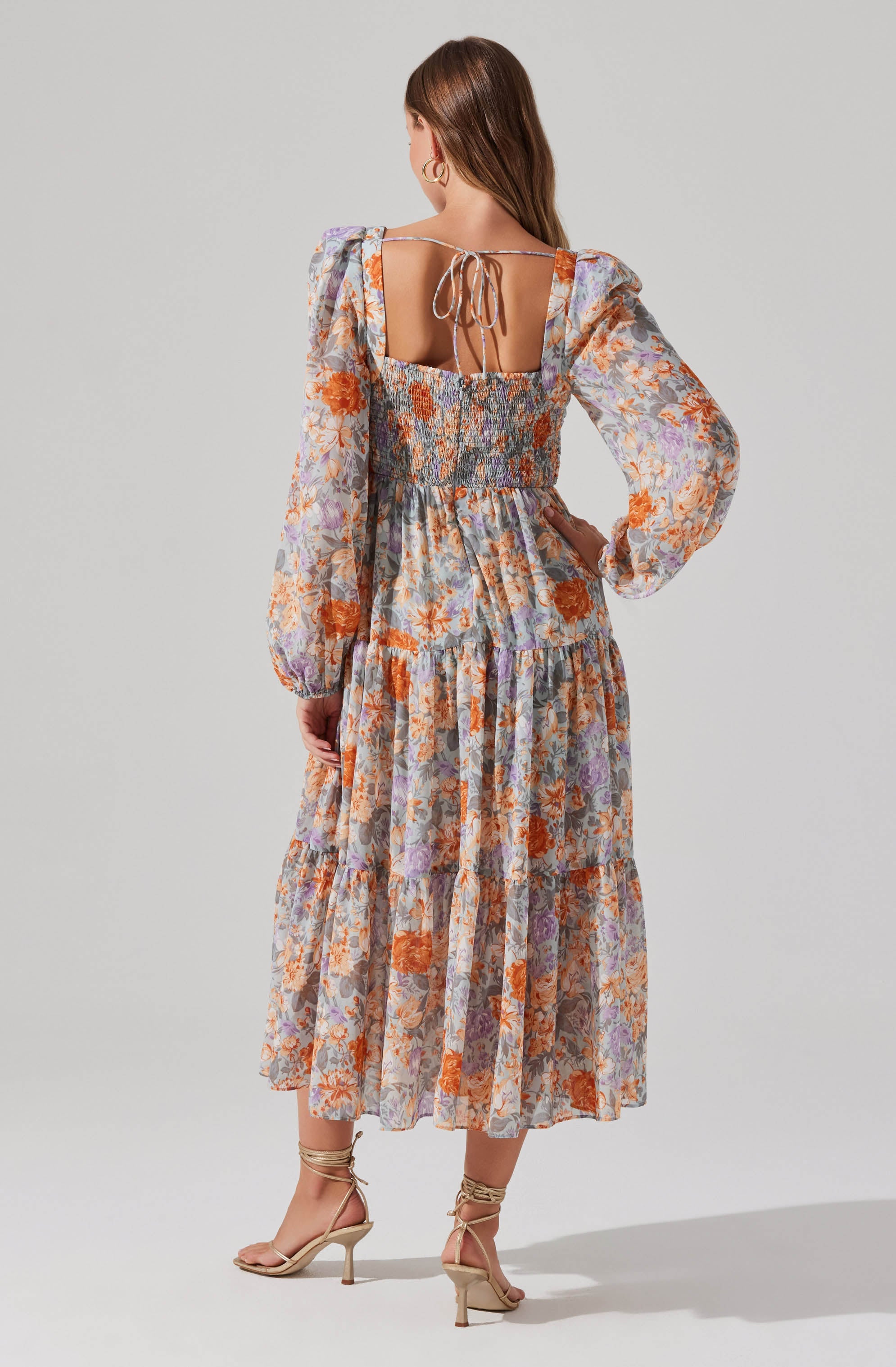 Floral Pleated Surplice Puff Sleeve Midi Dress-Aljck