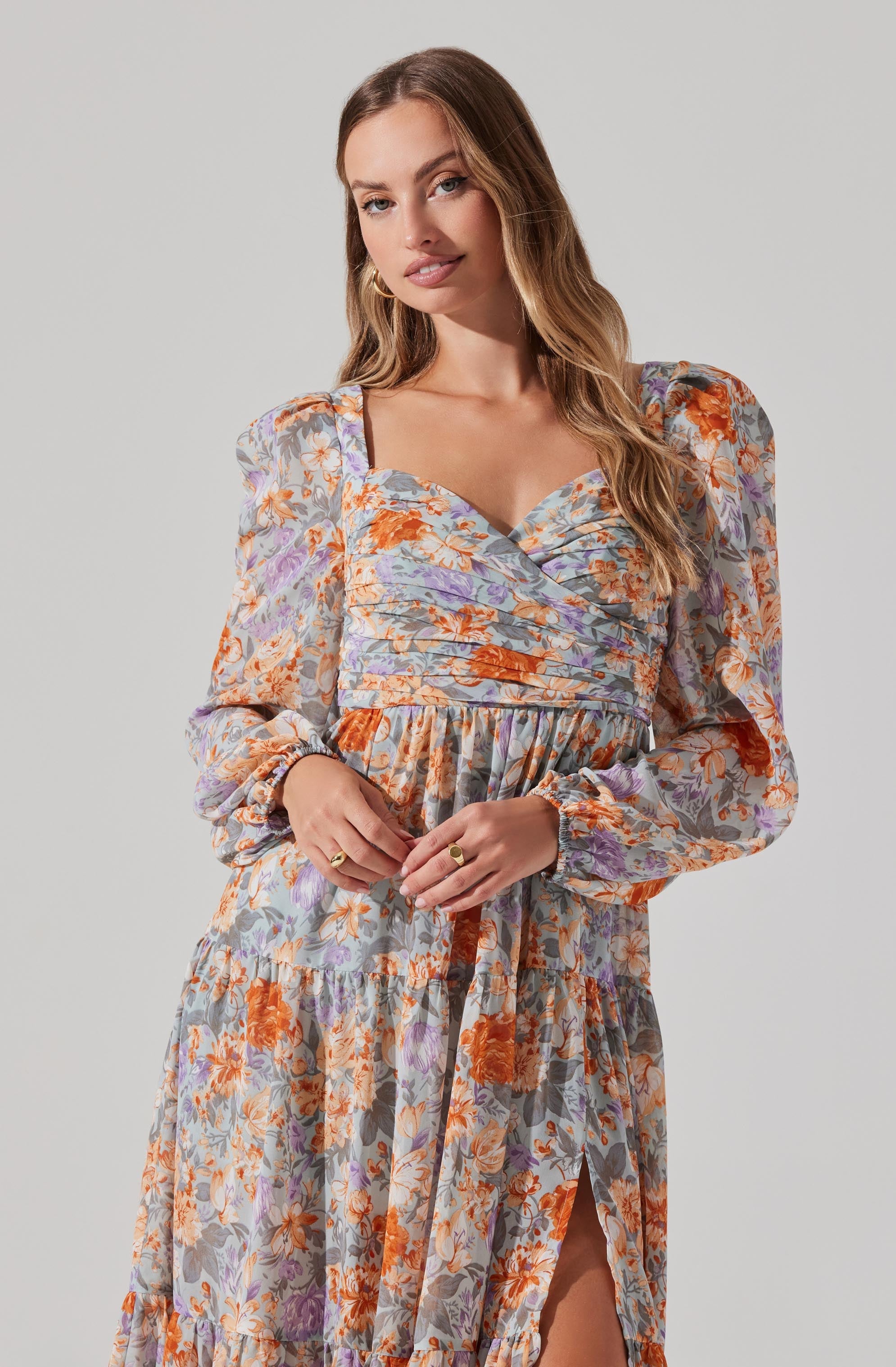 Floral Pleated Surplice Puff Sleeve Midi Dress-Aljck
