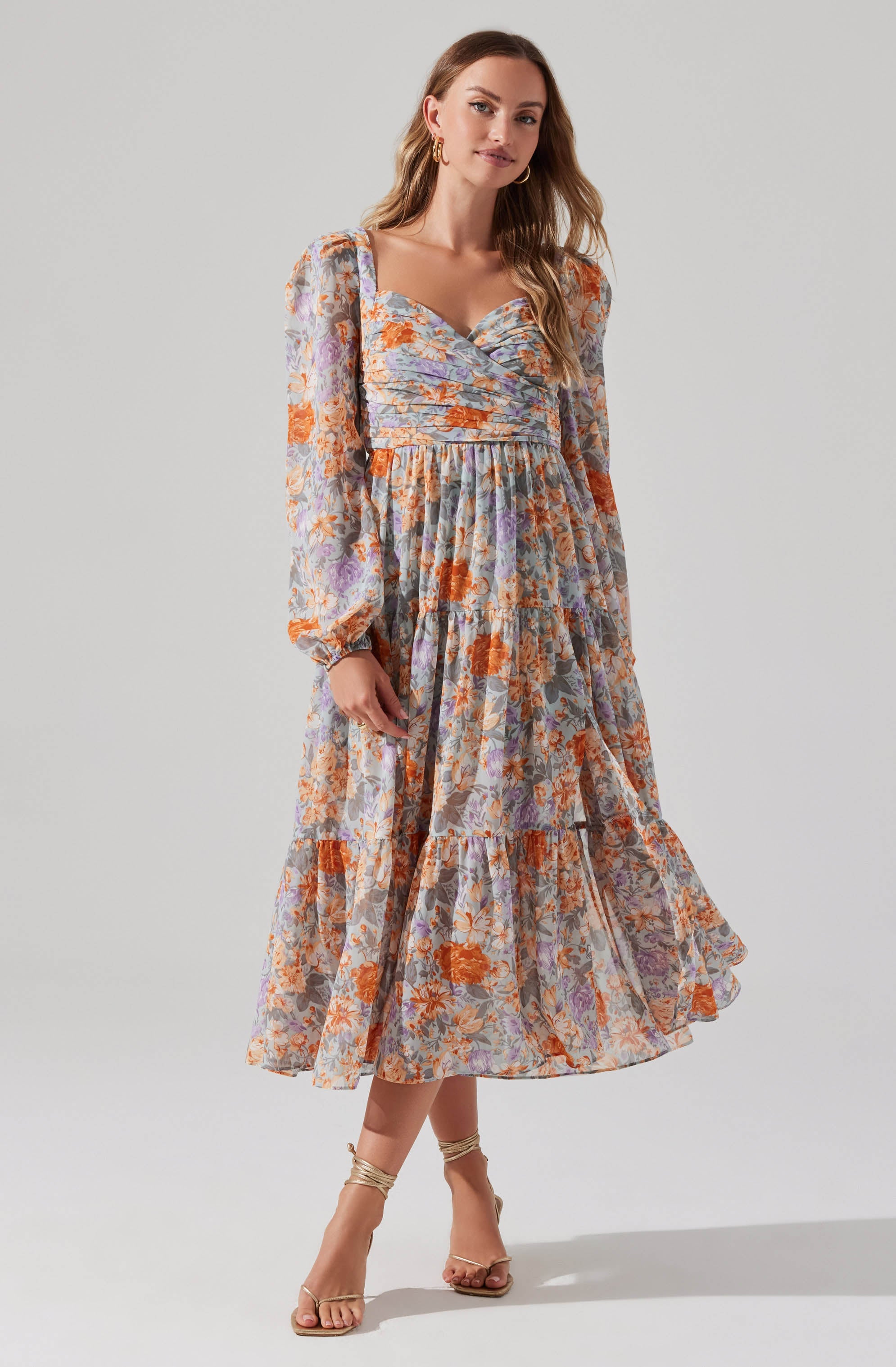 Floral Pleated Surplice Puff Sleeve Midi Dress-Aljck