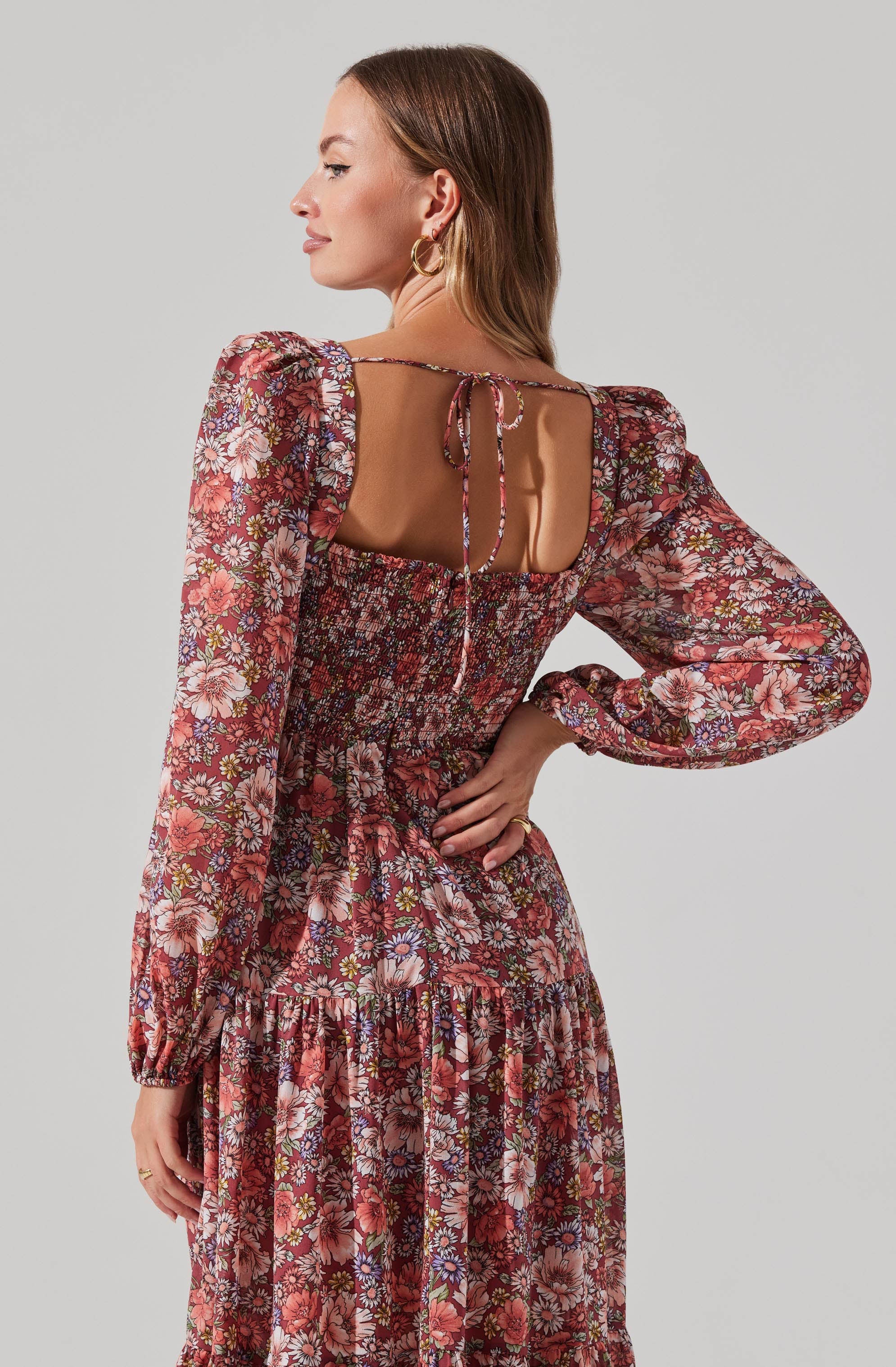 Floral Pleated Surplice Puff Sleeve Midi Dress-Aljck