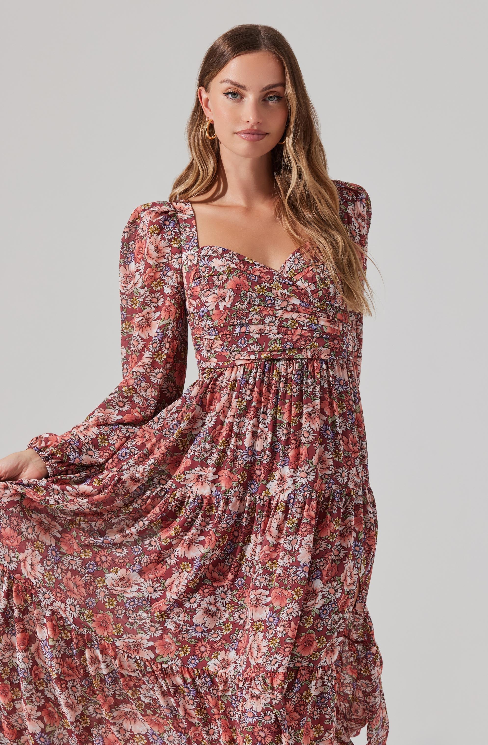Floral Pleated Surplice Puff Sleeve Midi Dress-Aljck
