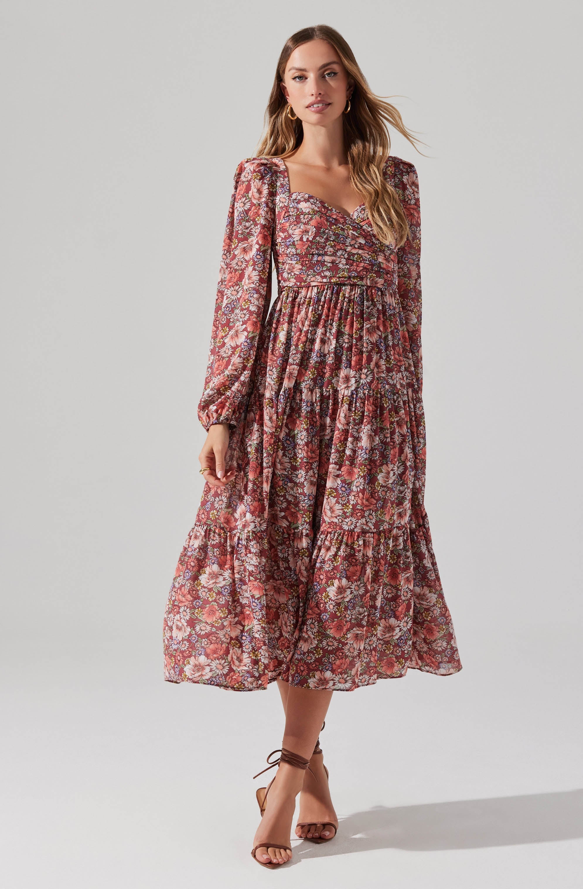 Floral Pleated Surplice Puff Sleeve Midi Dress-Aljck