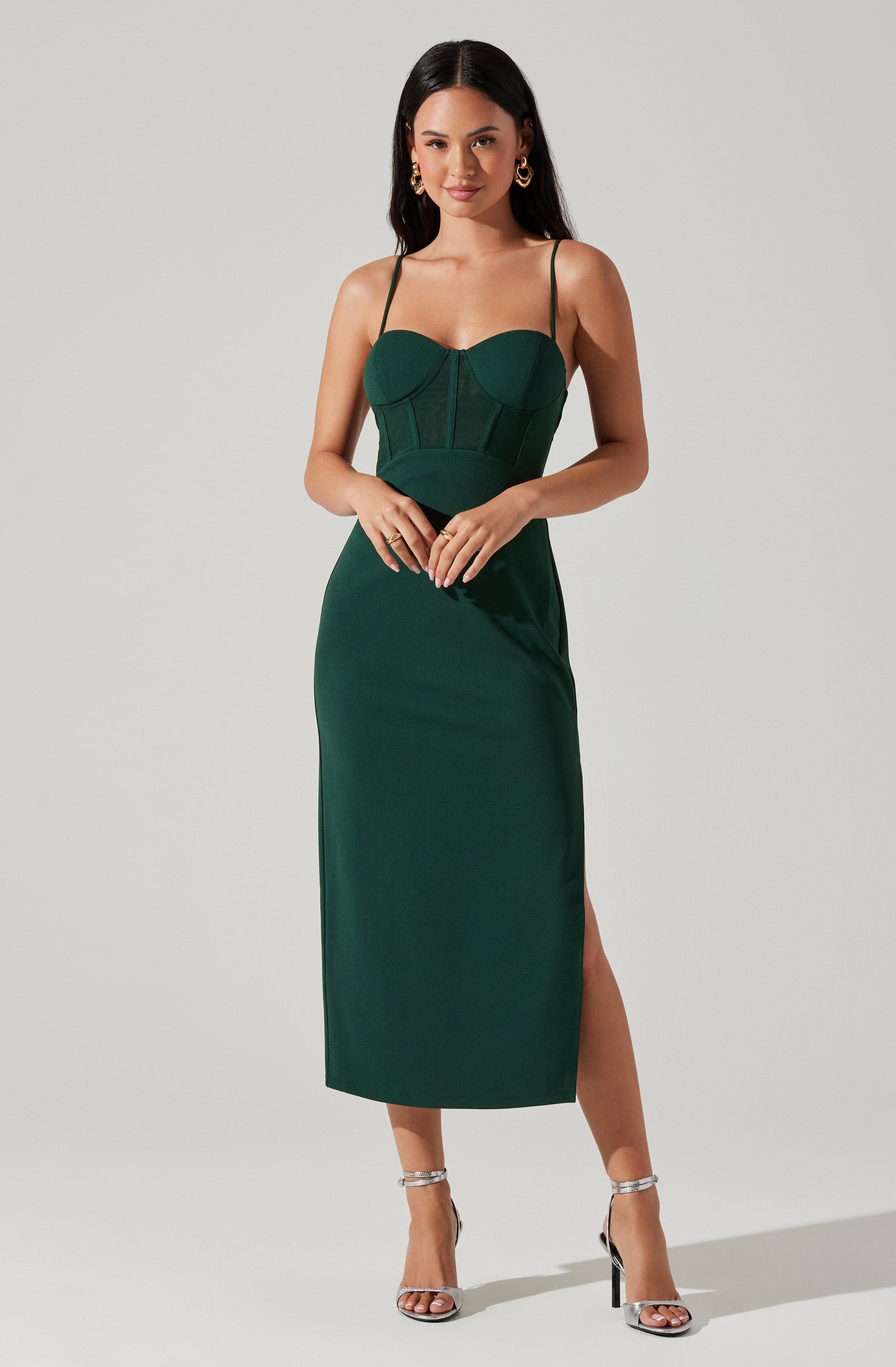 Contrast Mesh Bustier Midi Dress-Aljck