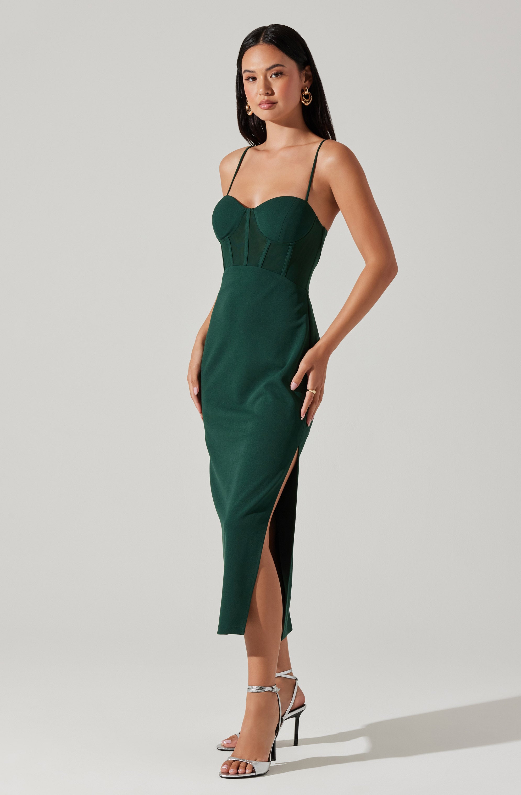 Contrast Mesh Bustier Midi Dress-Aljck