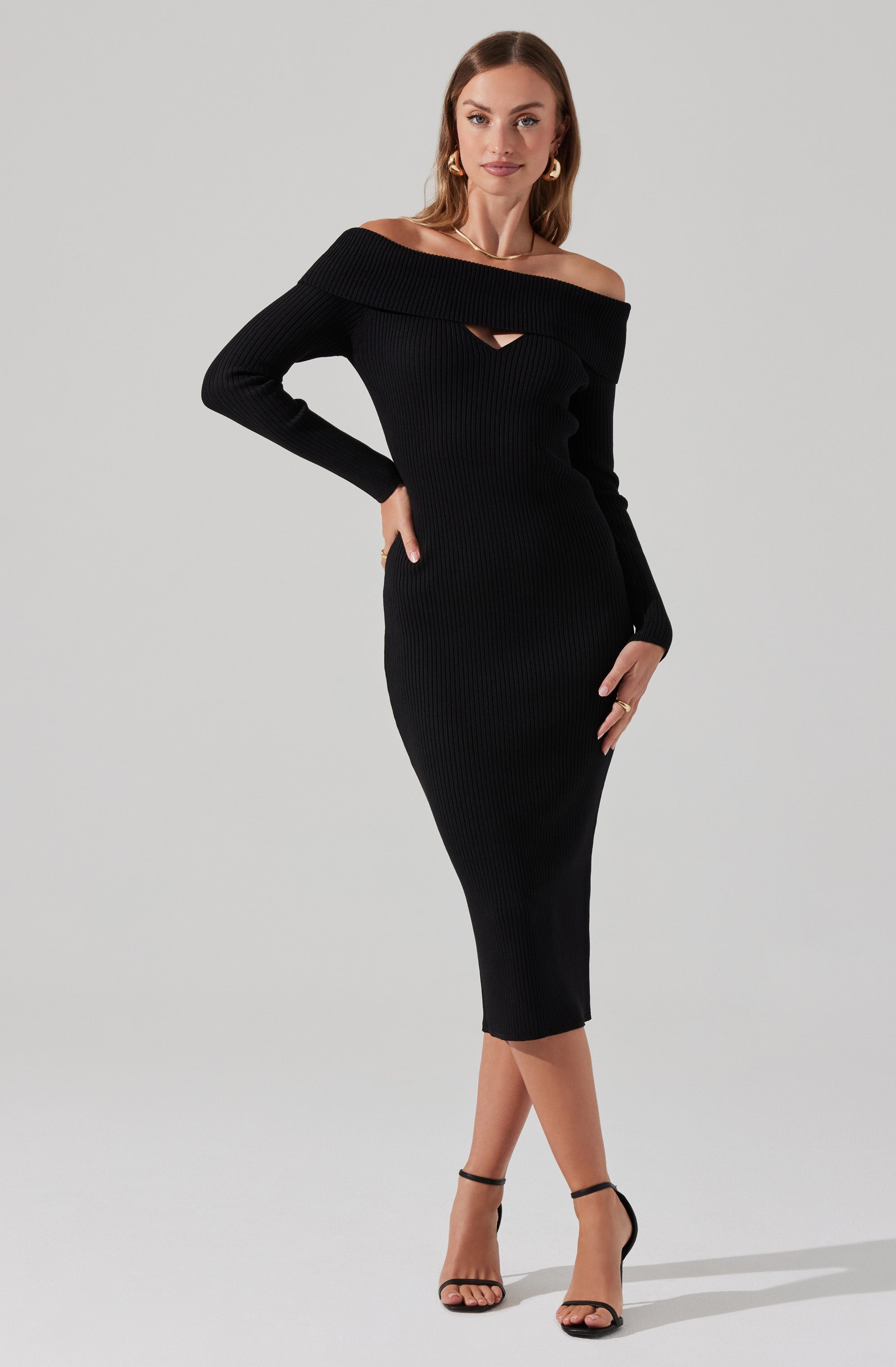 Foldover Long Sleeve Midi Sweater Dress-Aljck
