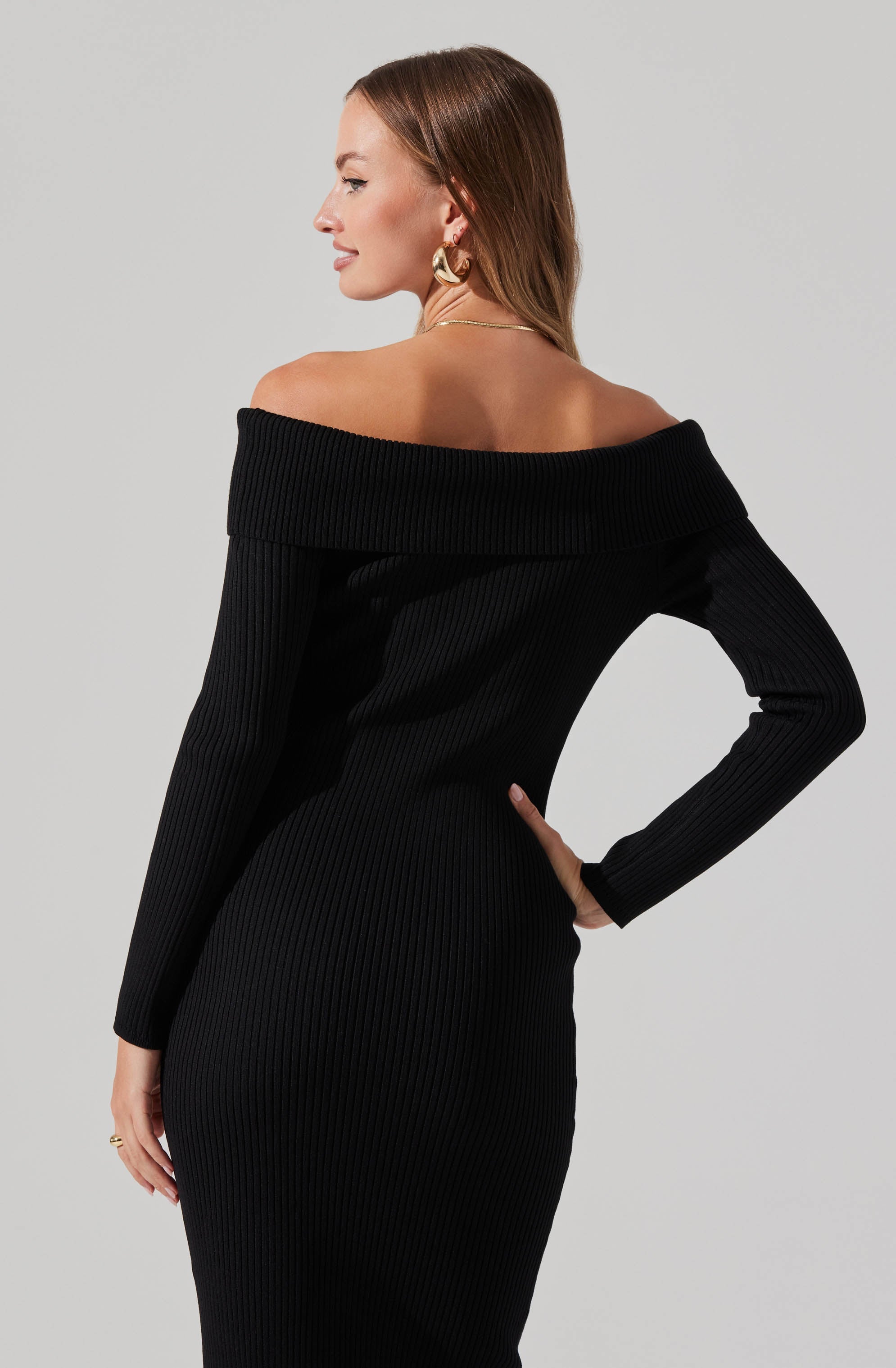 Foldover Long Sleeve Midi Sweater Dress-Aljck