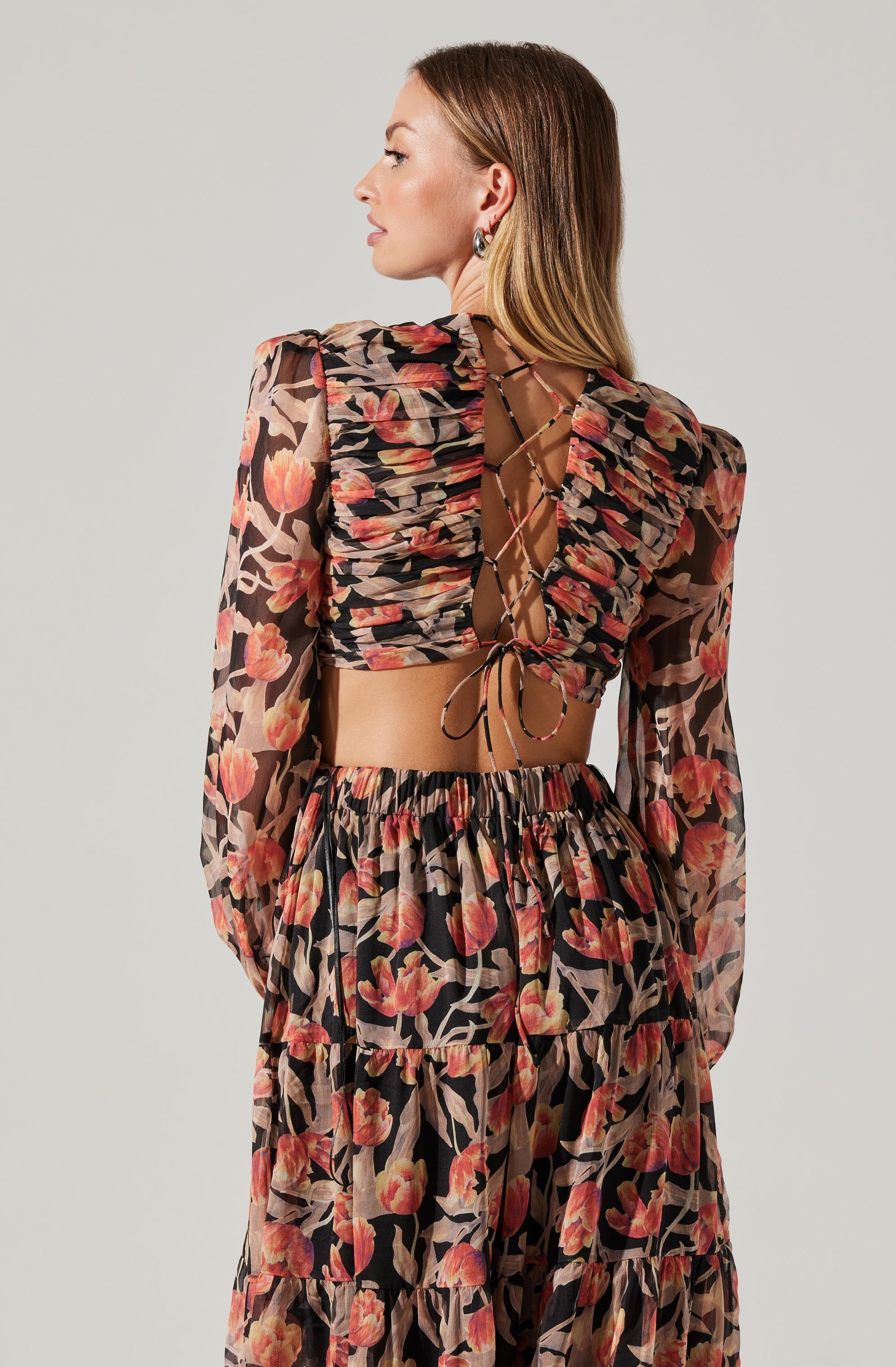 Floral Lace Back Long Sleeve Maxi Dress-Aljck