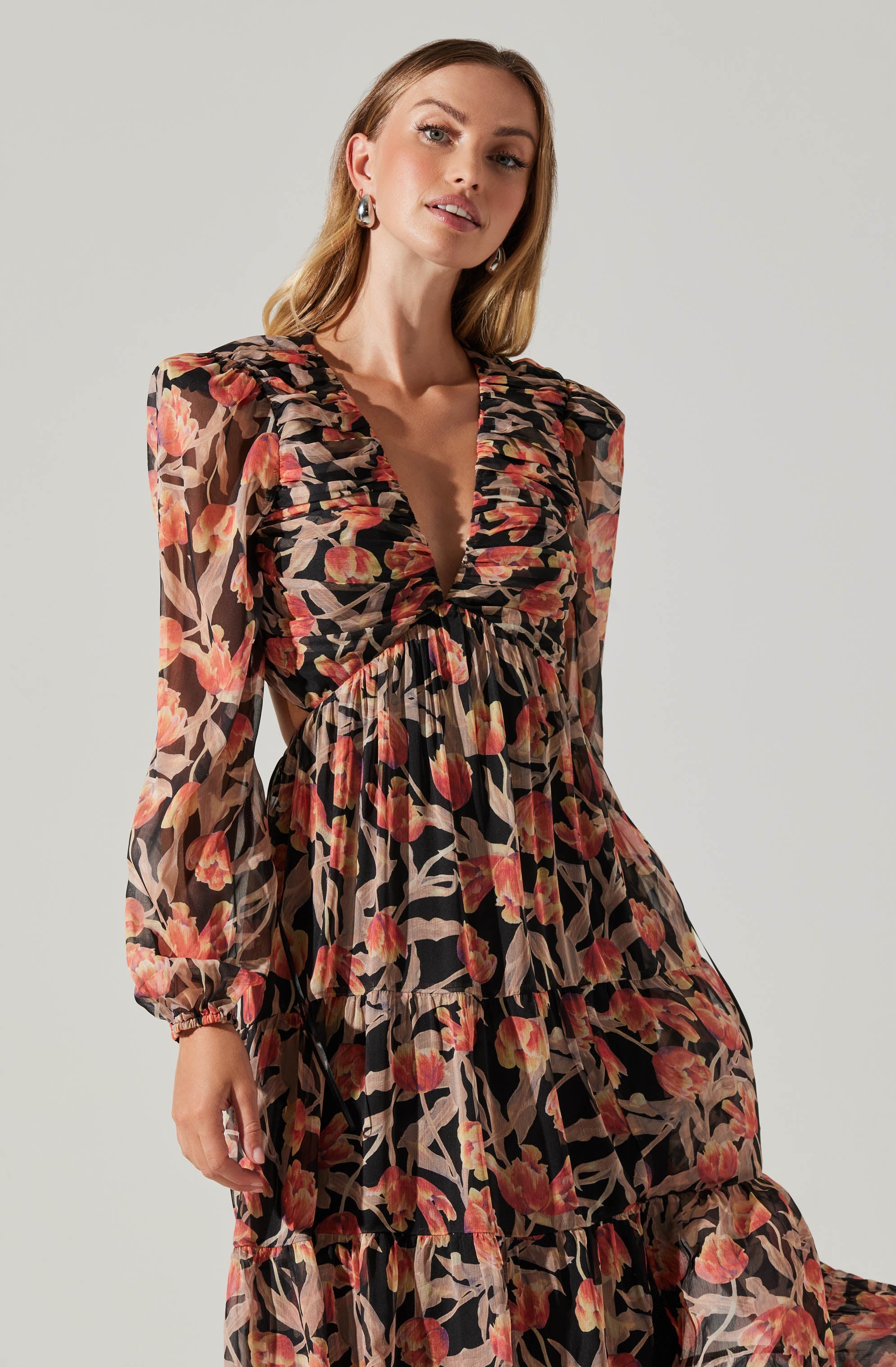 Floral Lace Back Long Sleeve Maxi Dress-Aljck