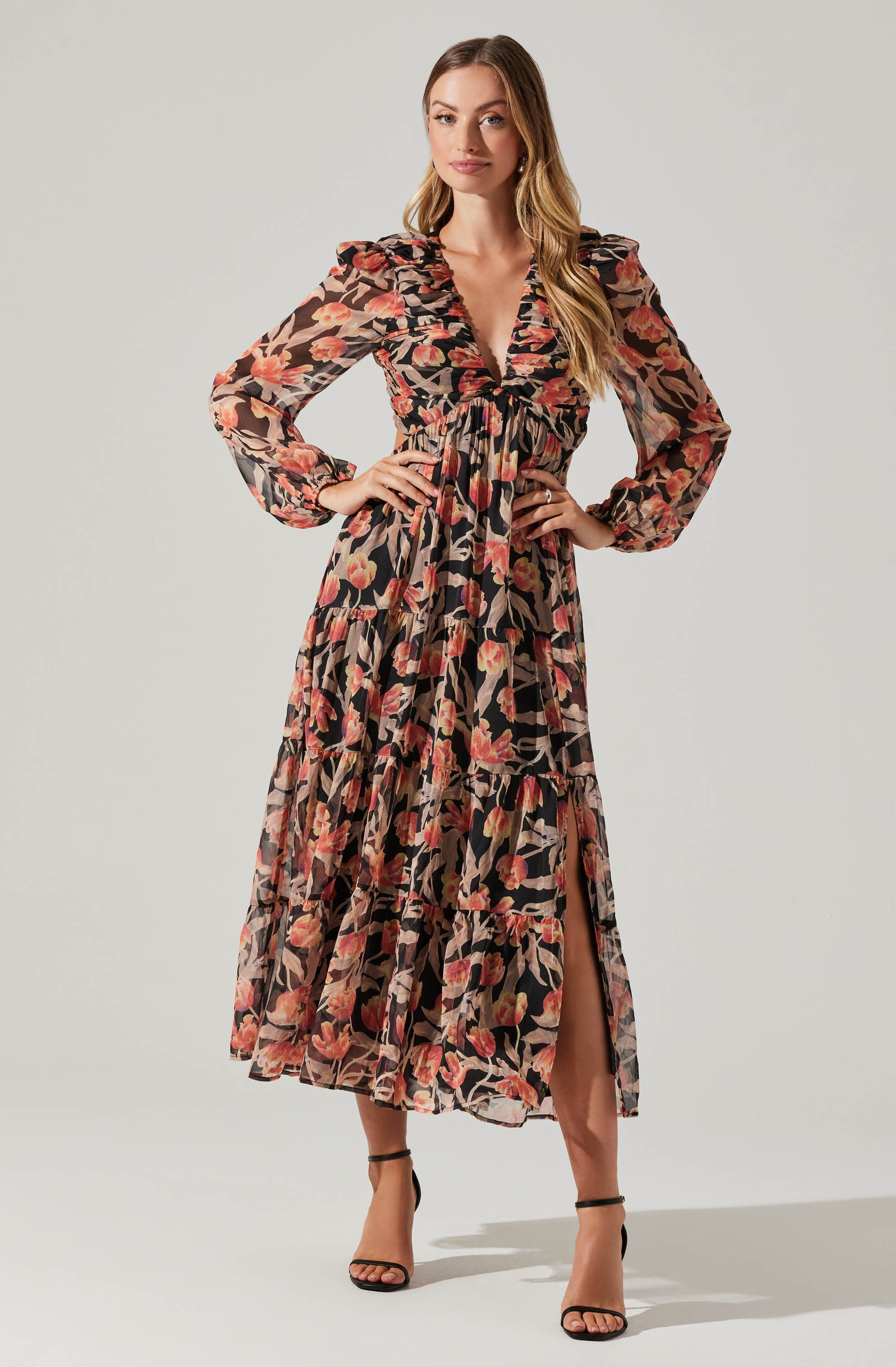 Floral Lace Back Long Sleeve Maxi Dress-Aljck