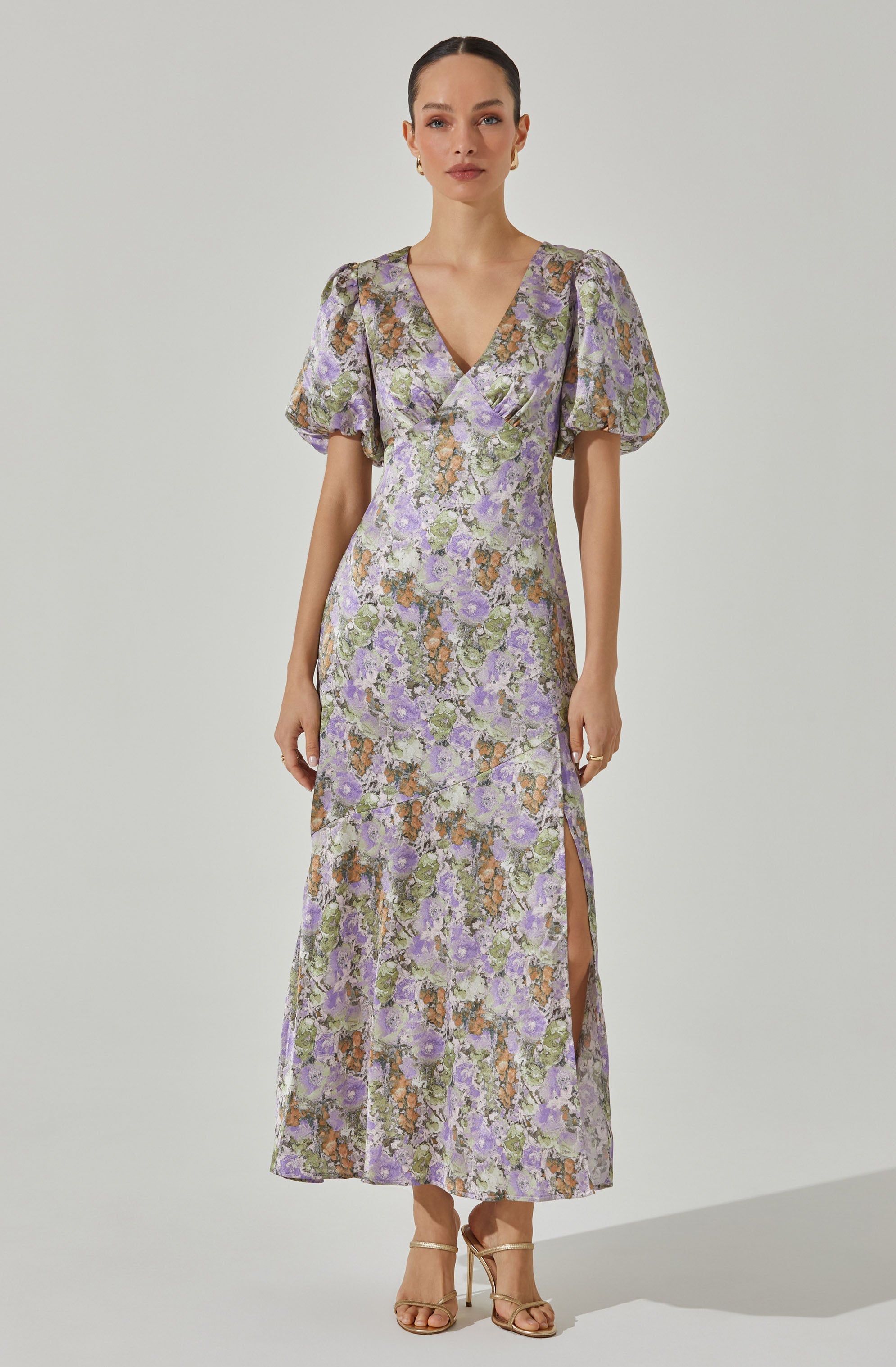 Satin Puff Sleeve Dress-Aljck