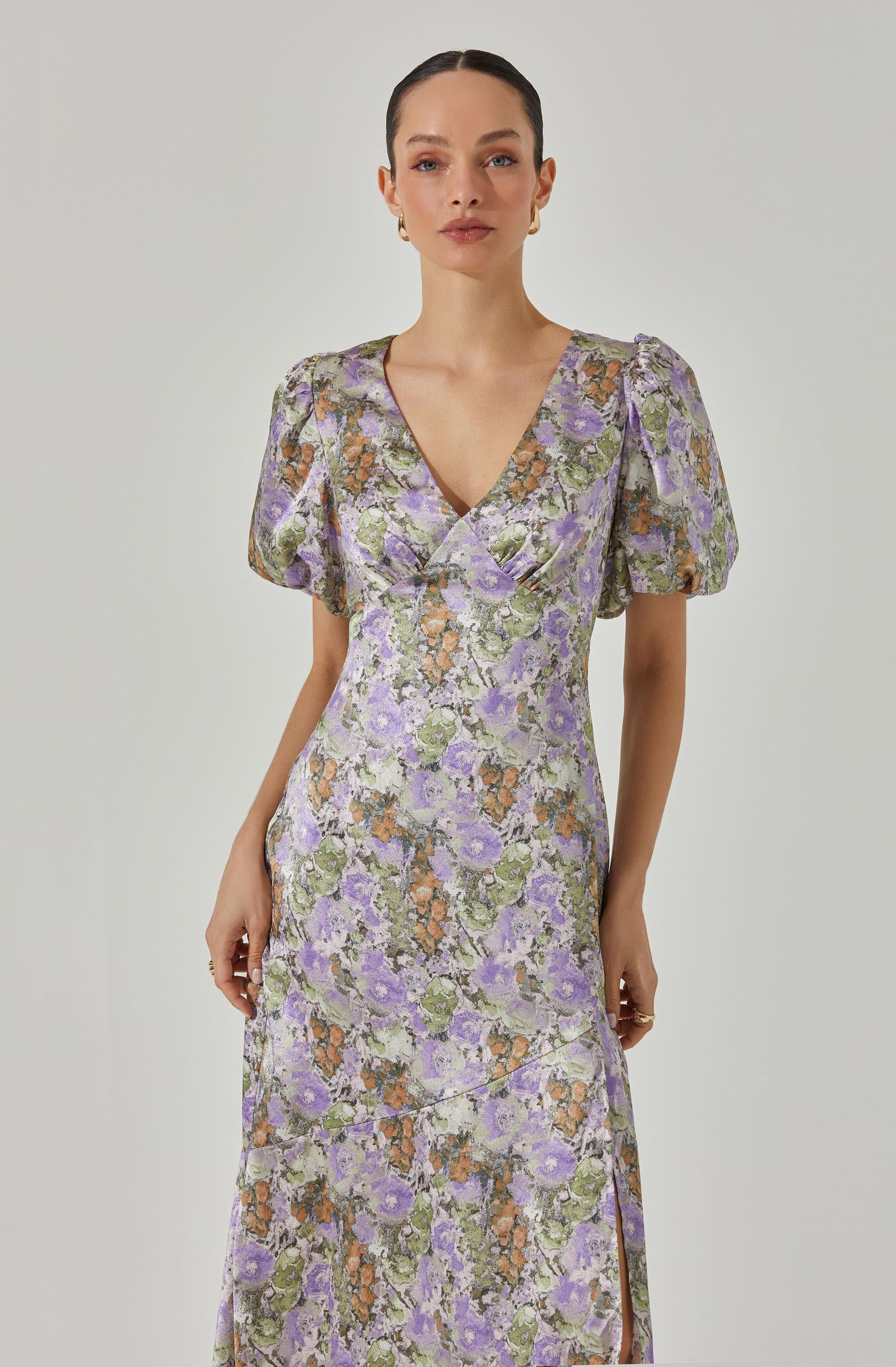 Satin Puff Sleeve Dress-Aljck