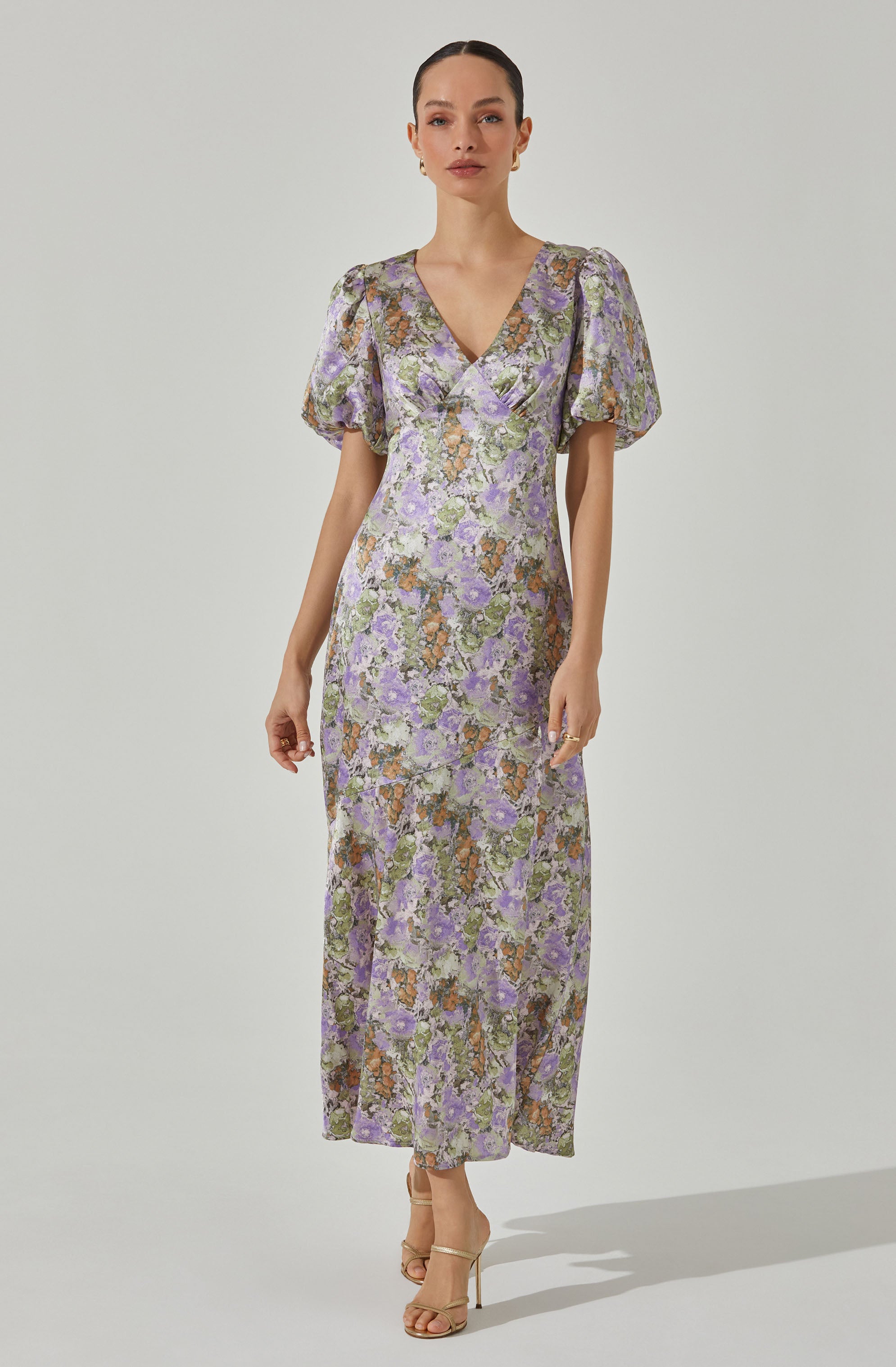 Satin Puff Sleeve Dress-Aljck