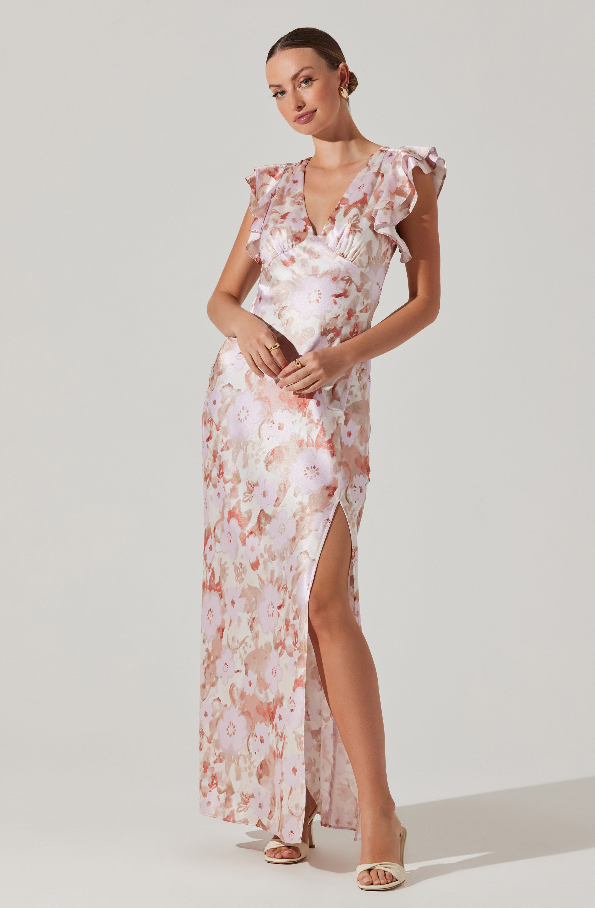 Satin Flutter Sleeve Maxi Dress-Aljck