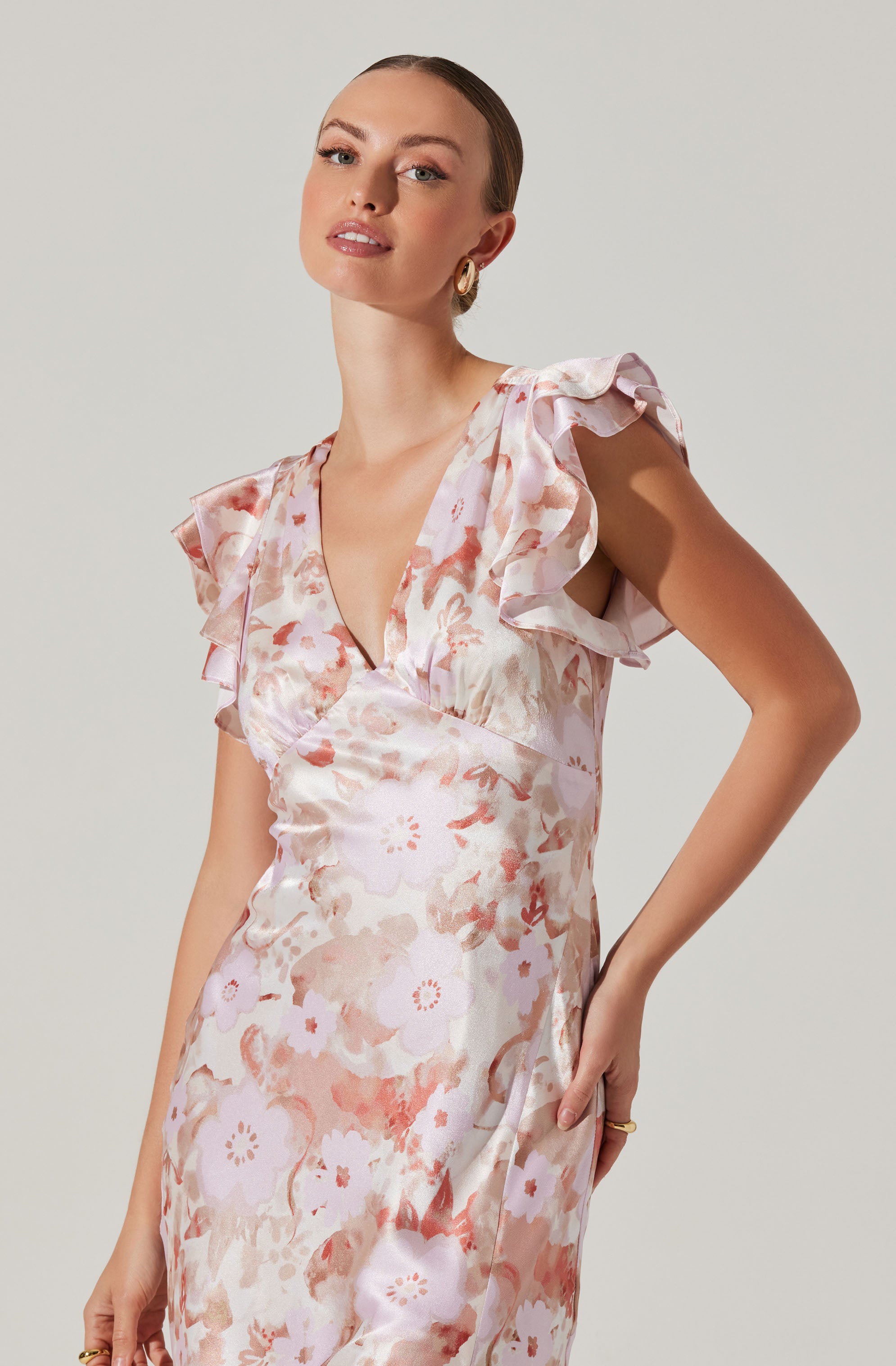 Satin Flutter Sleeve Maxi Dress-Aljck