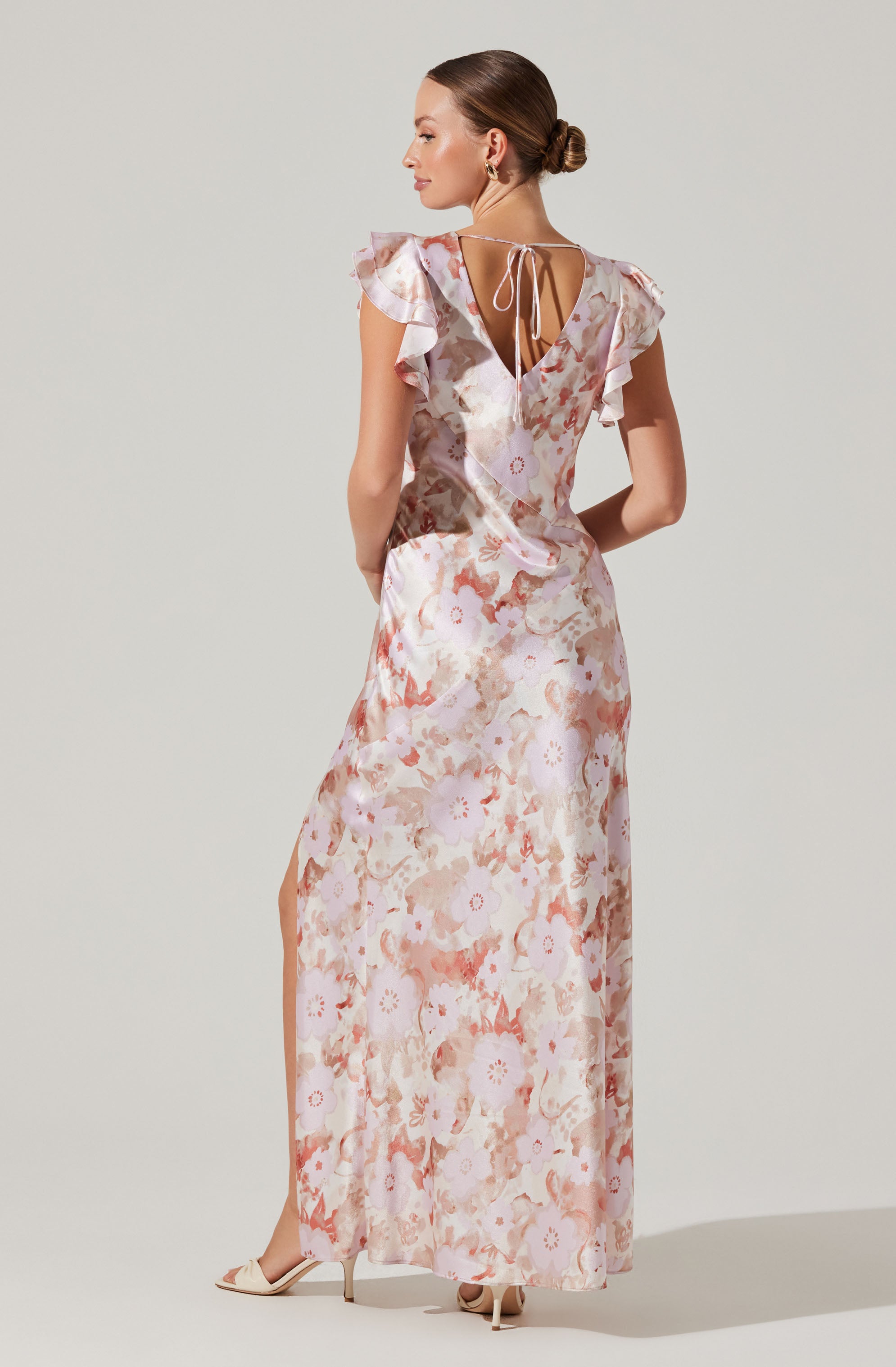 Satin Flutter Sleeve Maxi Dress-Aljck