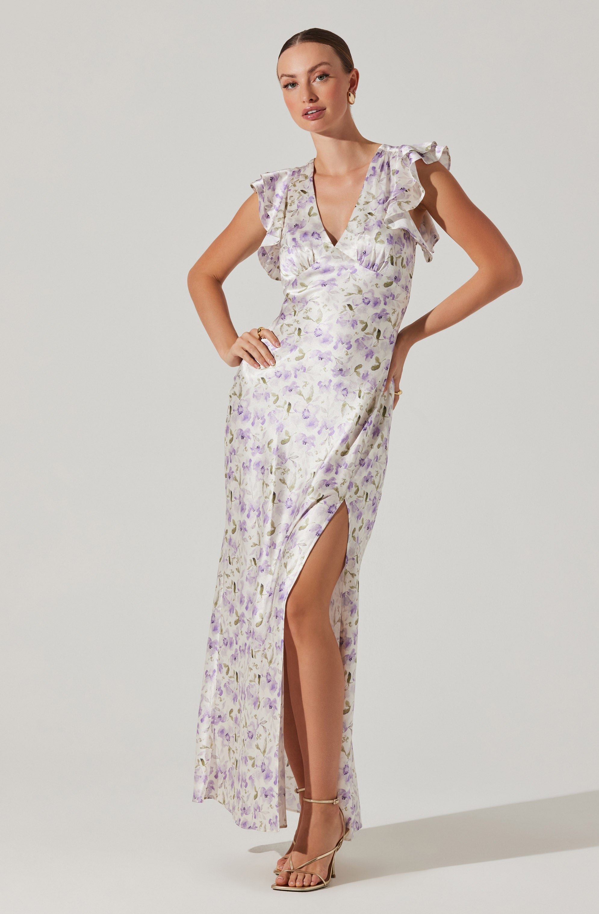 Satin Flutter Sleeve Maxi Dress-Aljck