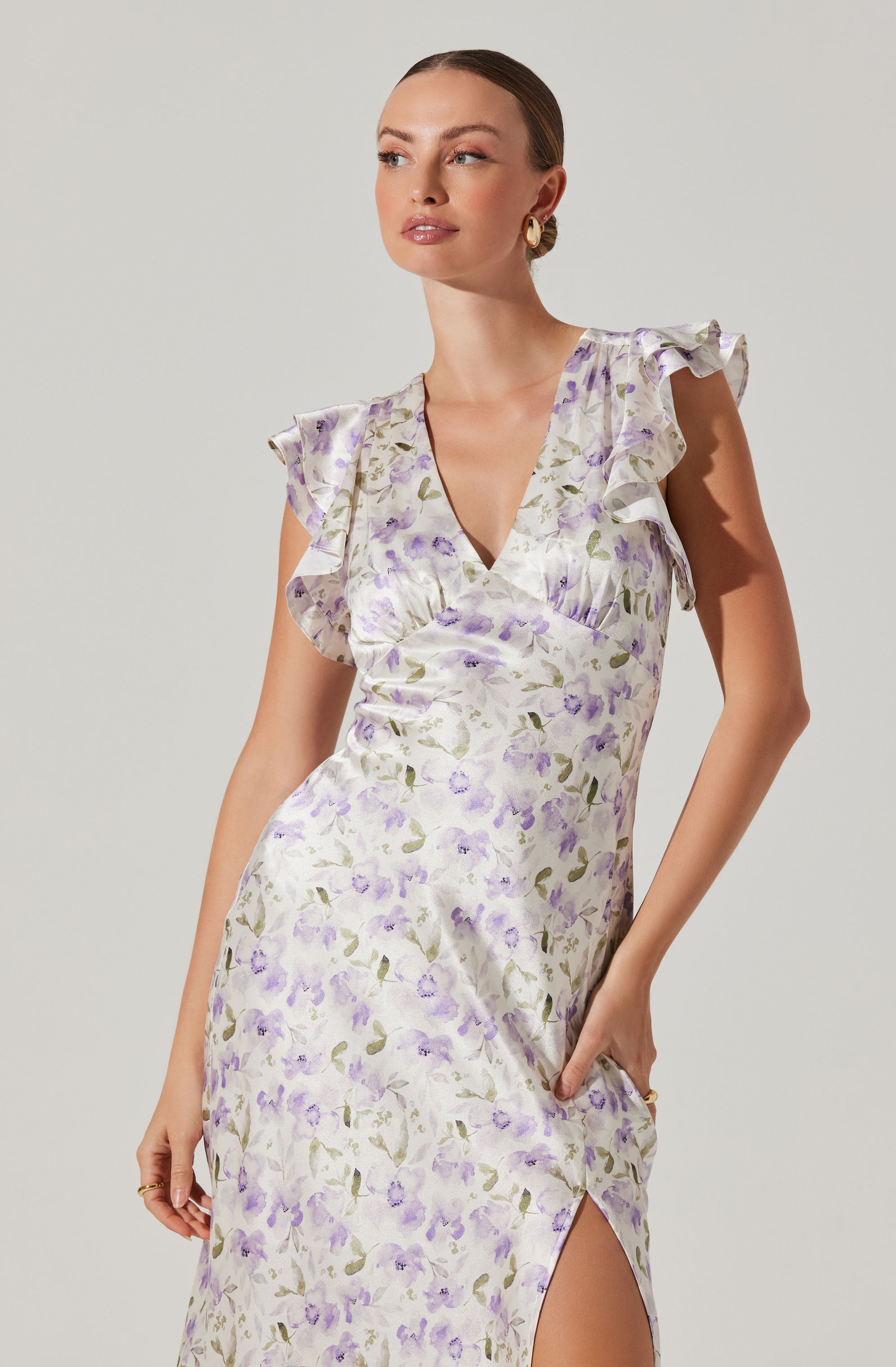 Satin Flutter Sleeve Maxi Dress-Aljck