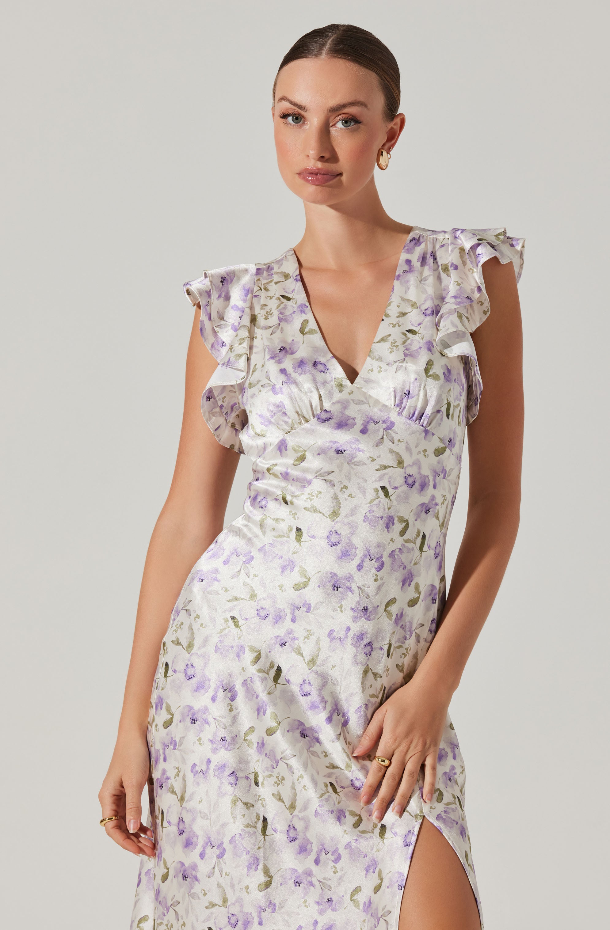 Satin Flutter Sleeve Maxi Dress-Aljck