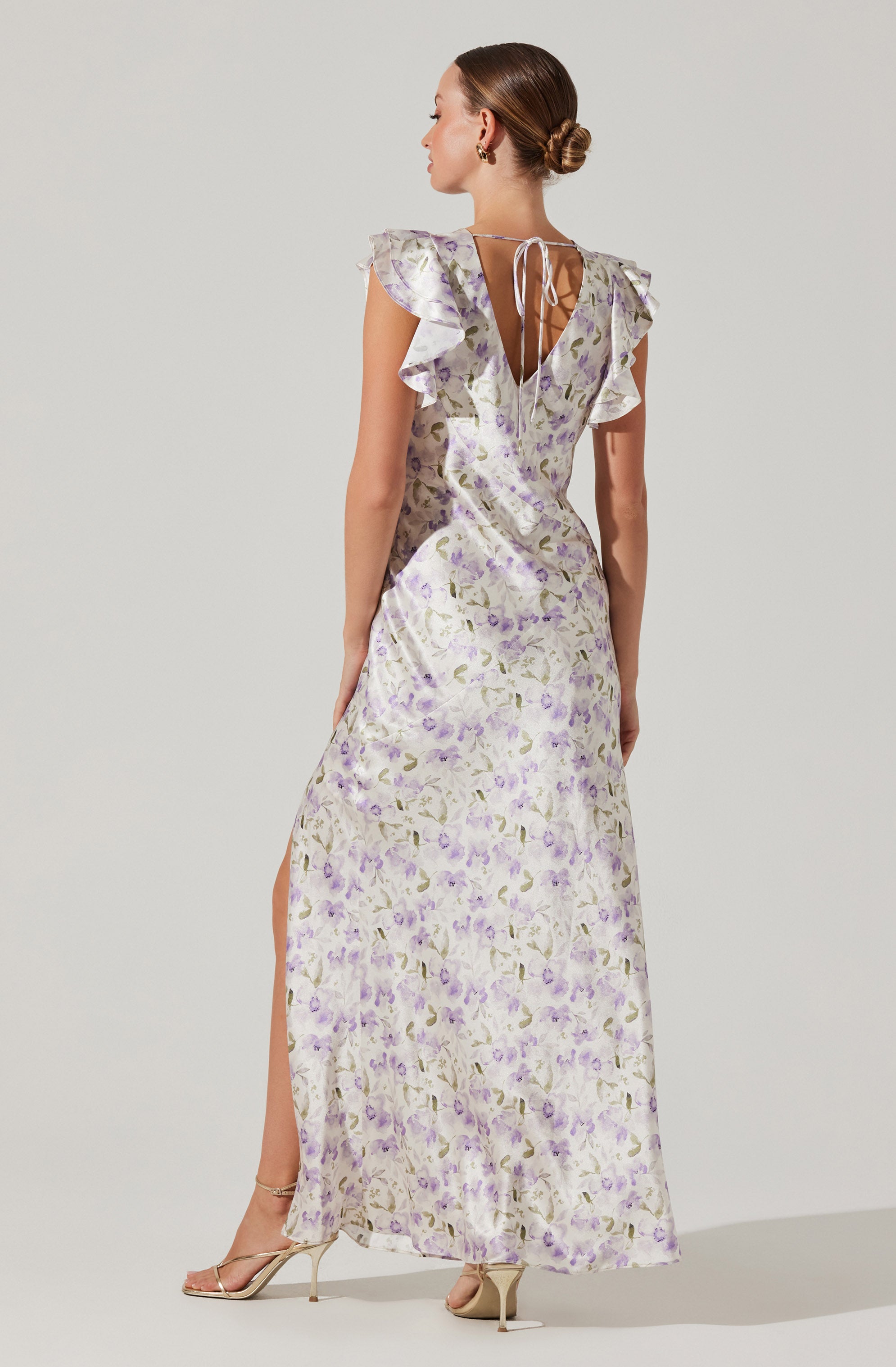 Satin Flutter Sleeve Maxi Dress-Aljck