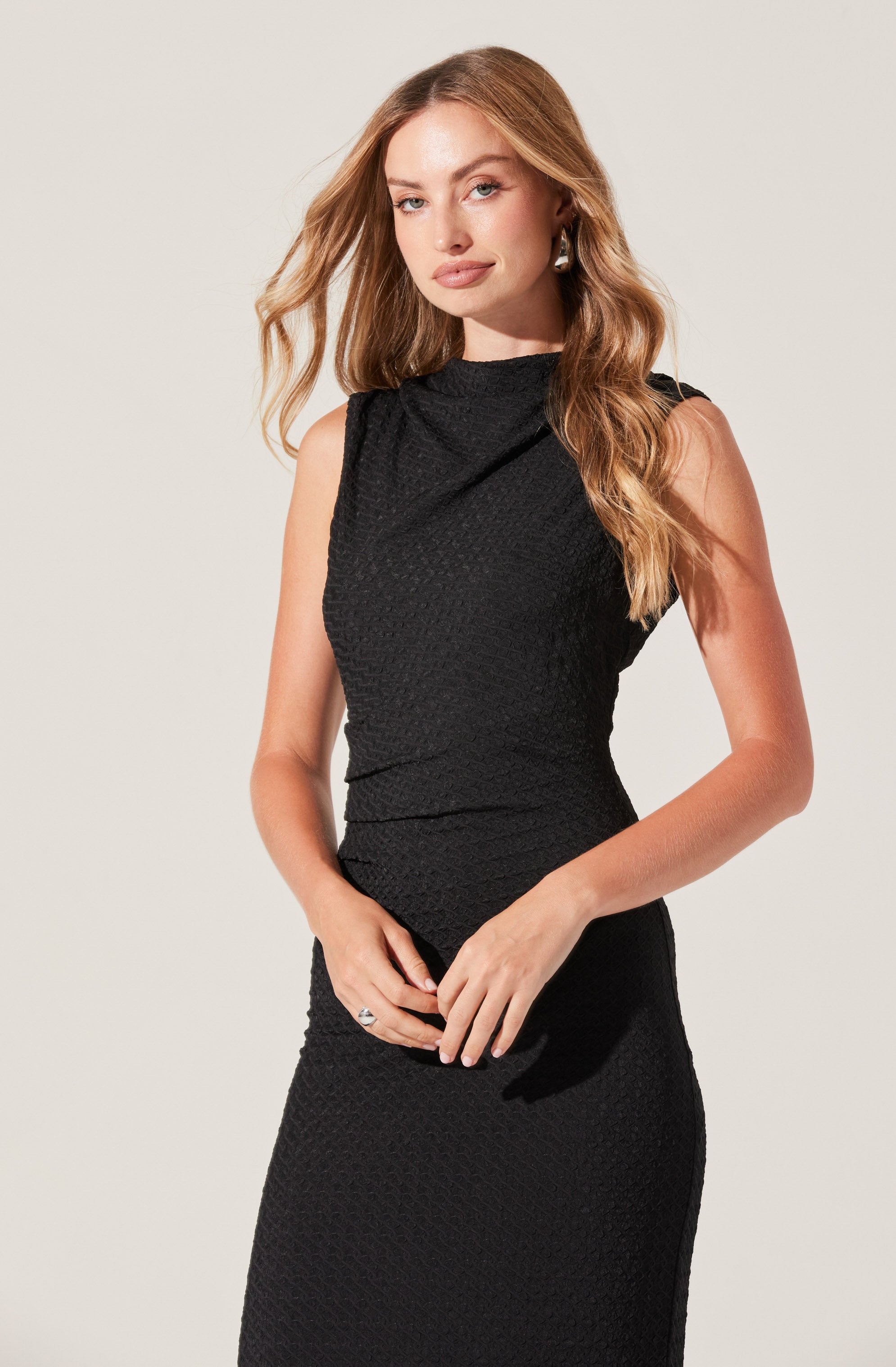 Textured Mock Neck Midi Dress-Aljck