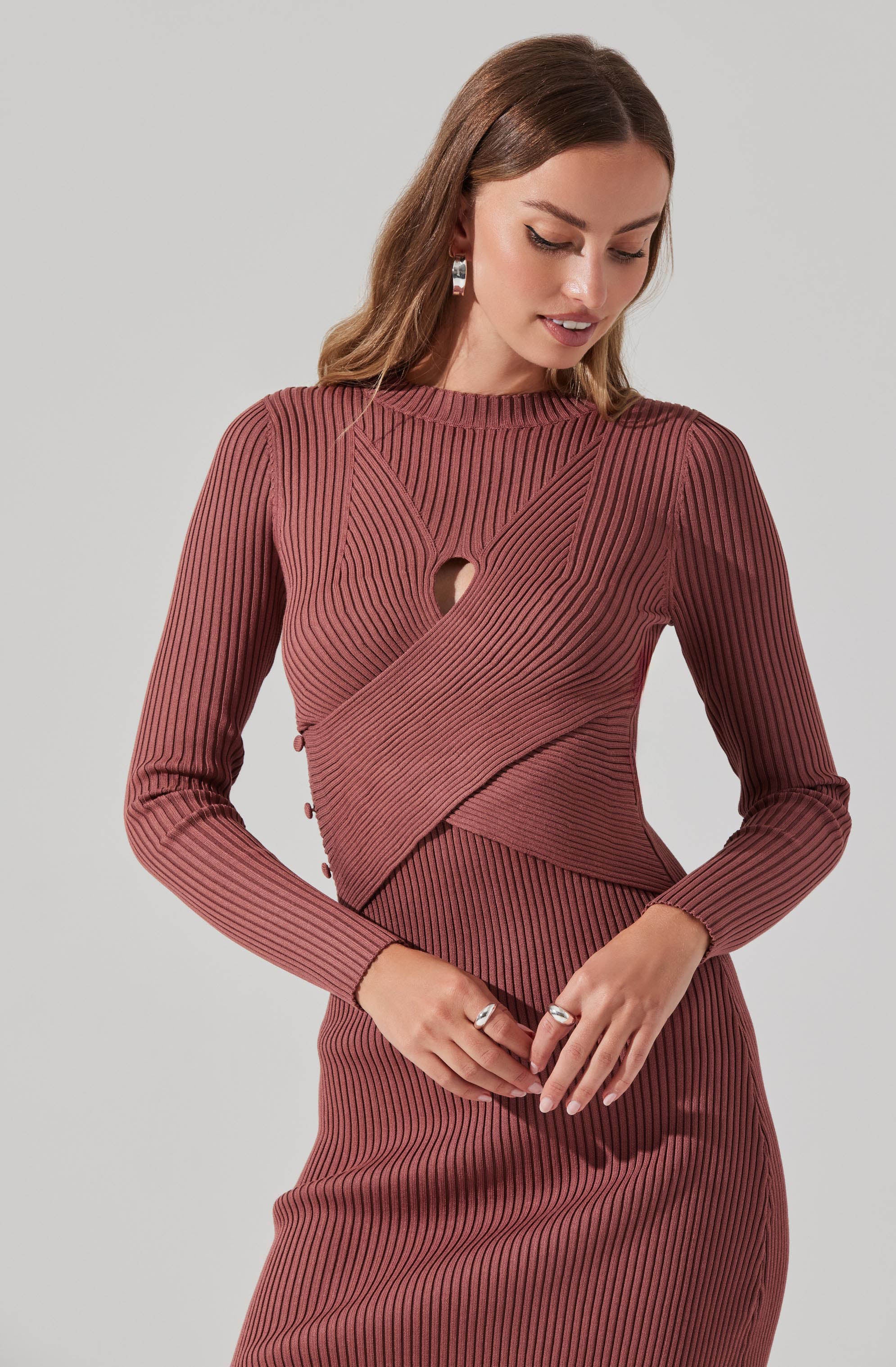 Long Sleeve Button Side Midi Sweater Dress-Aljck