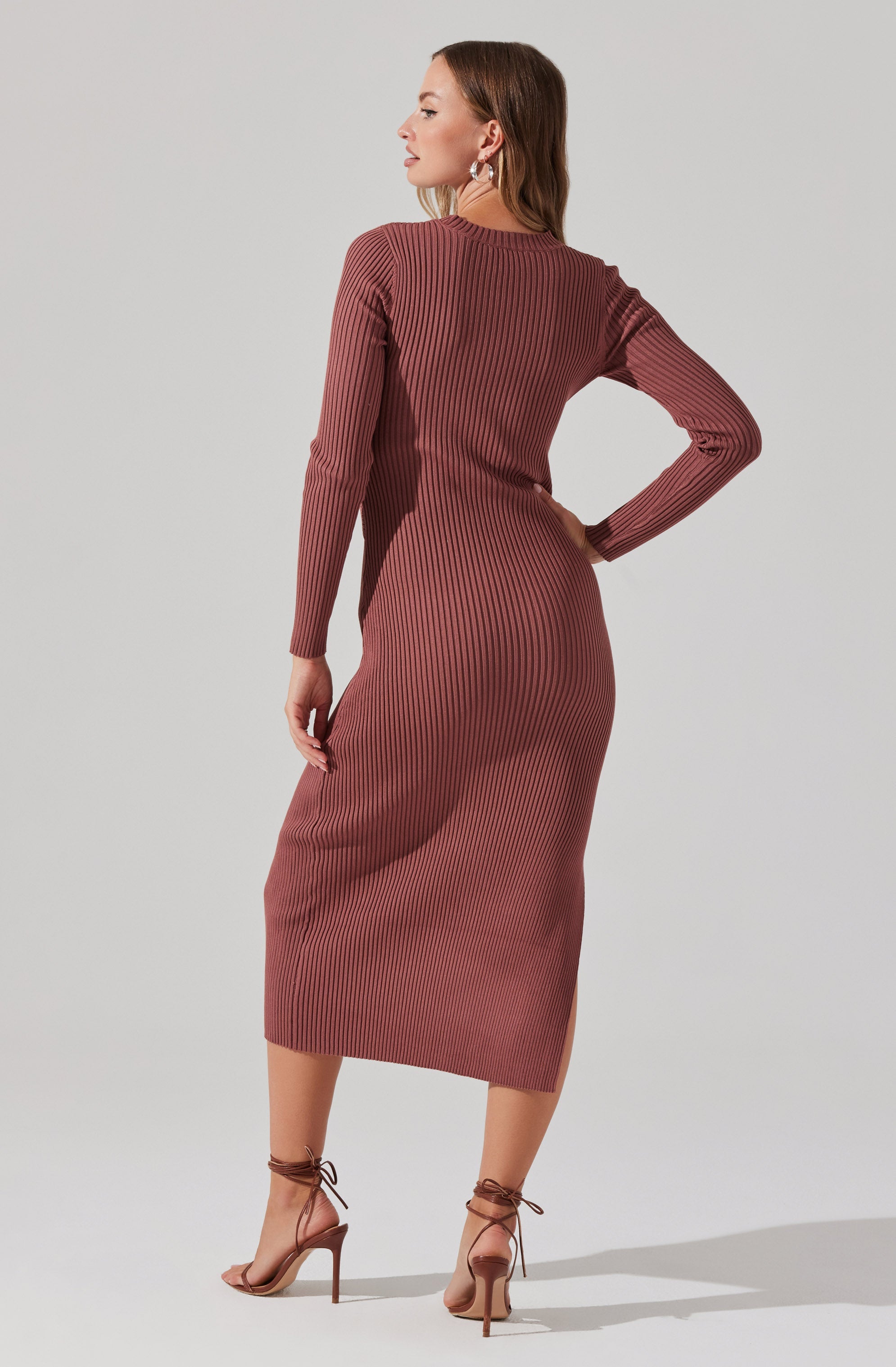Long Sleeve Button Side Midi Sweater Dress-Aljck