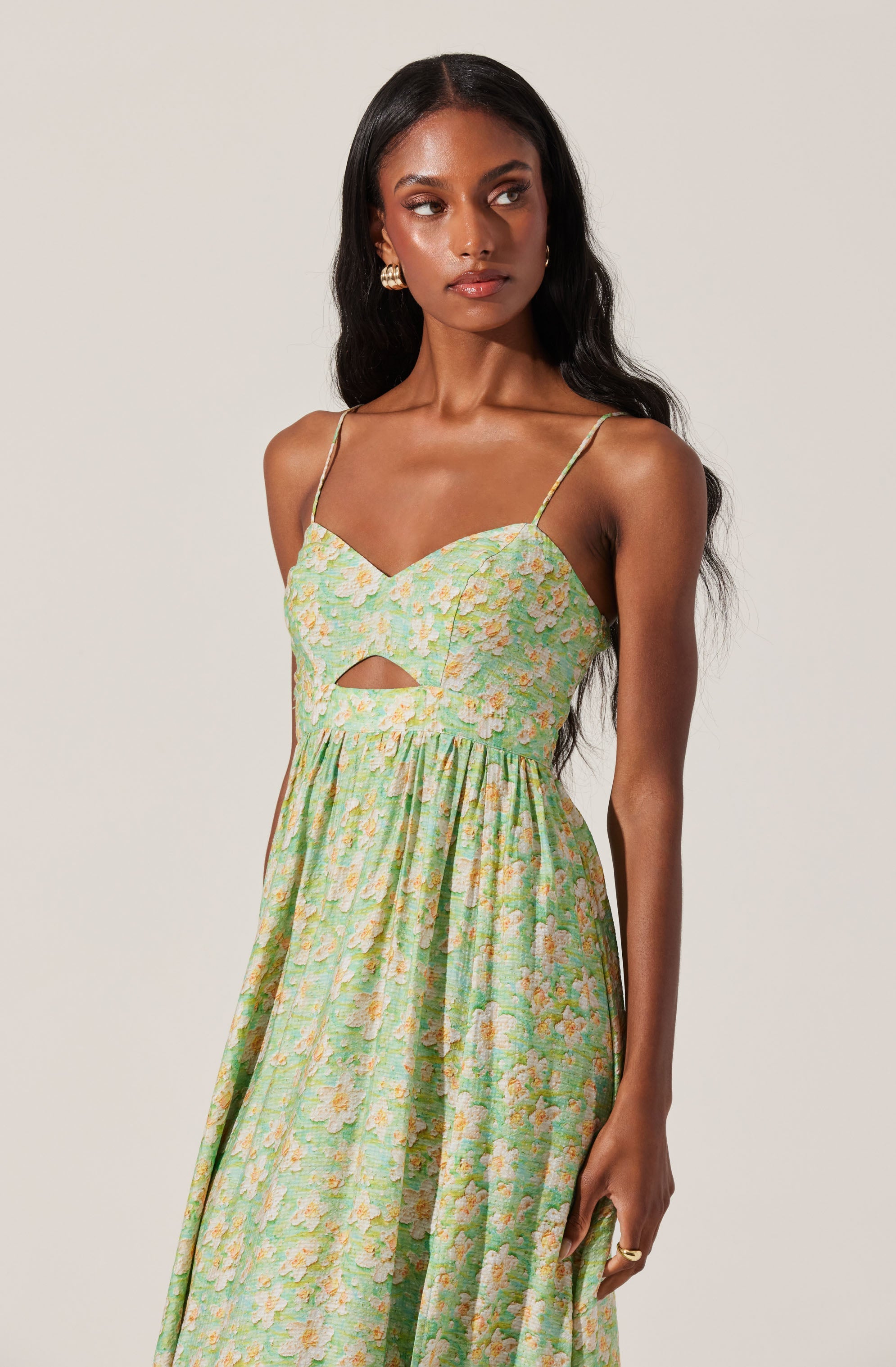 Front Cutout Floral Midi Dress-Aljck