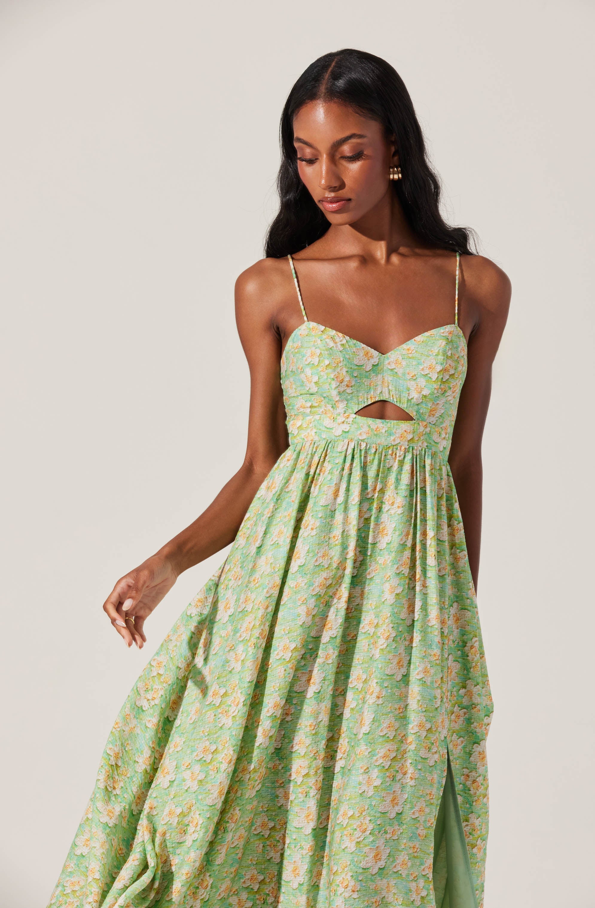 Front Cutout Floral Midi Dress-Aljck