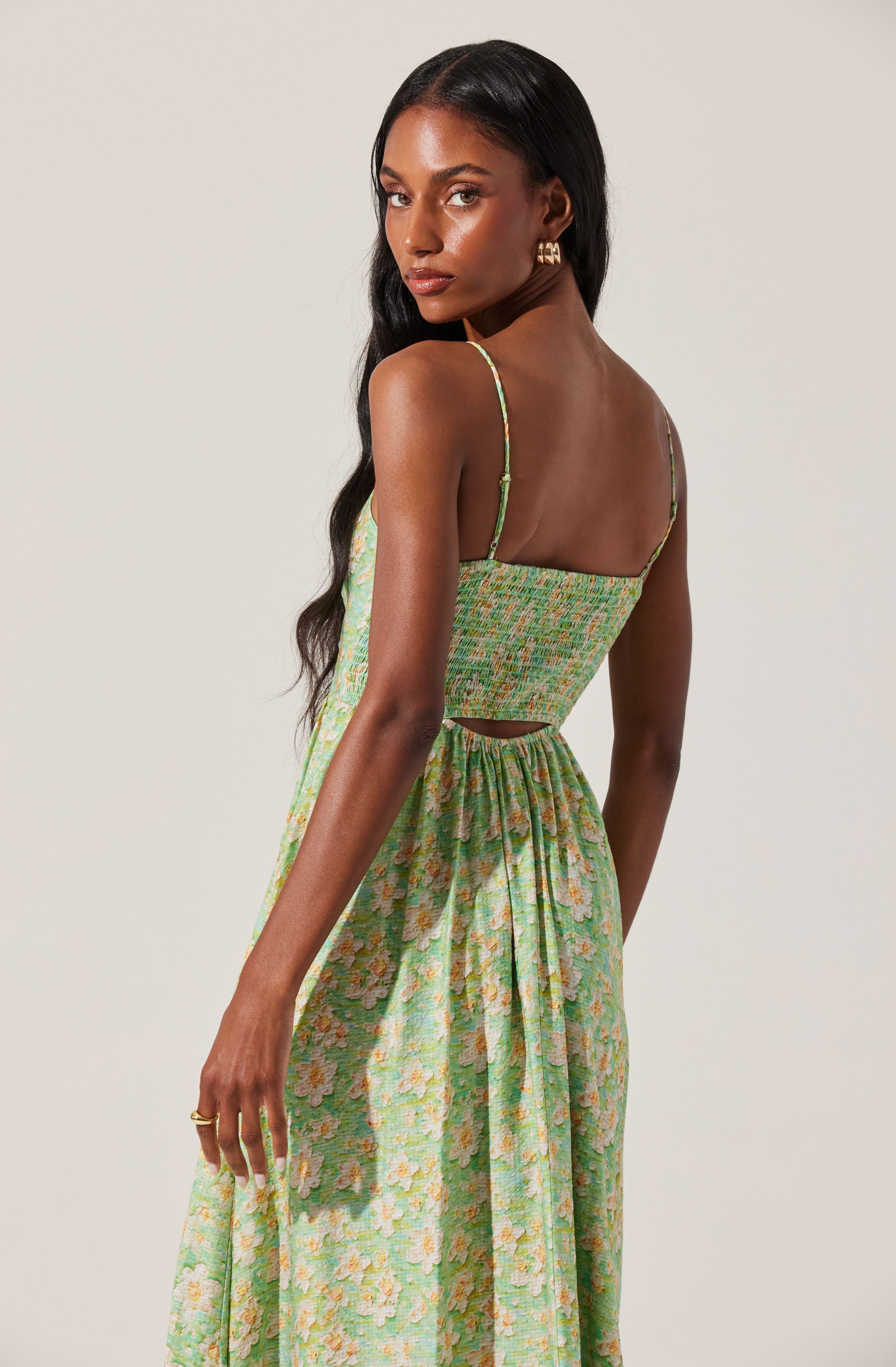 Front Cutout Floral Midi Dress-Aljck