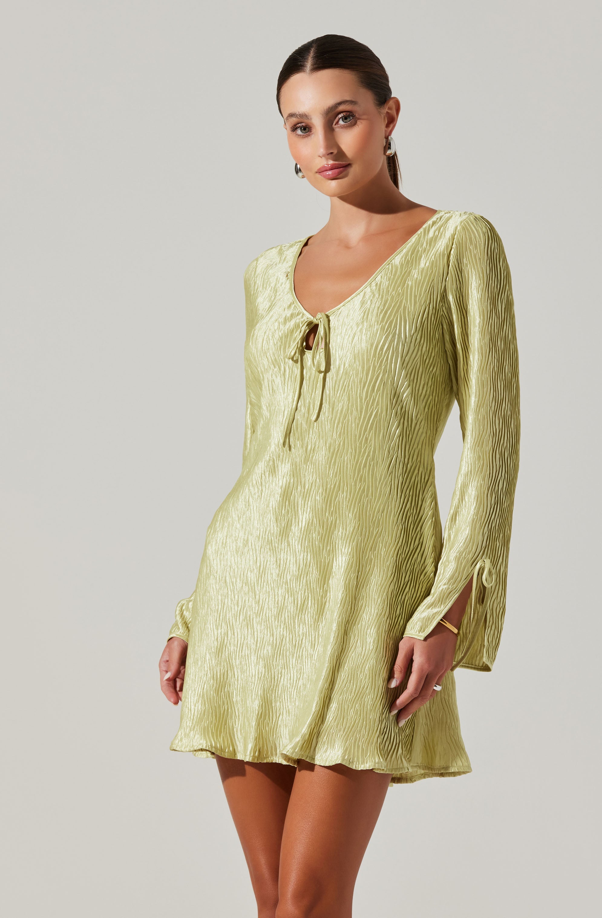 Textured Plisse Long Sleeve Mini Dress-Aljck