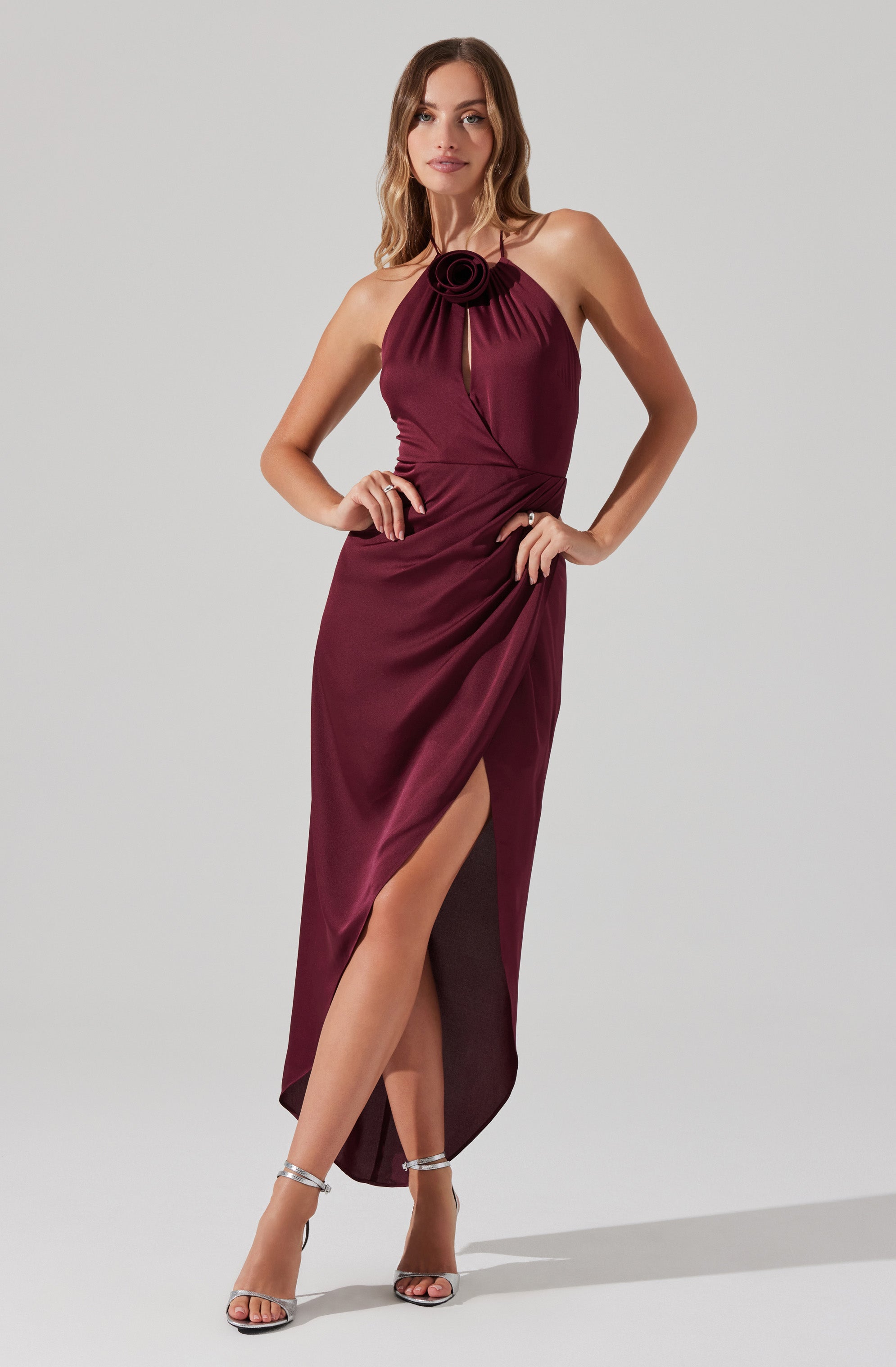 Flower Corsage Halter Midi Dress-Aljck