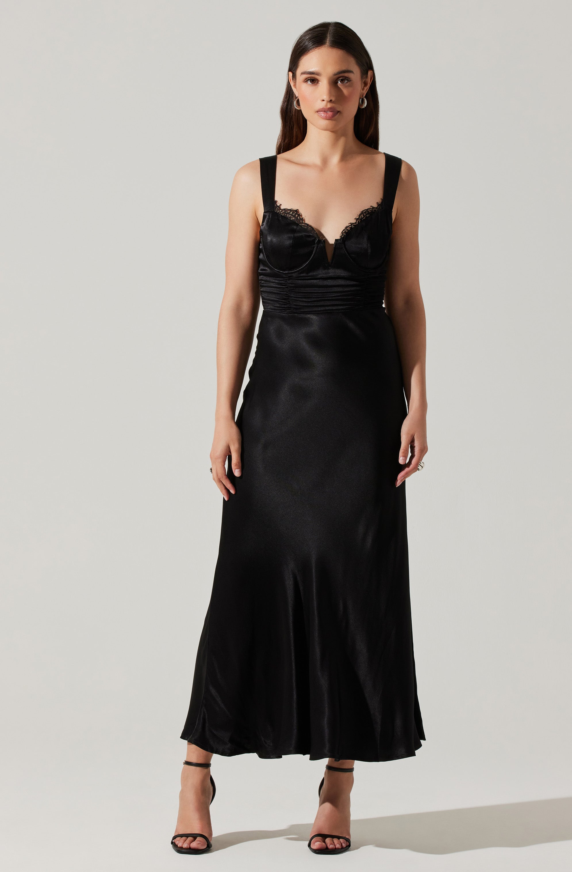 Aeris Satin Lace Trim Maxi Dress-Aljck