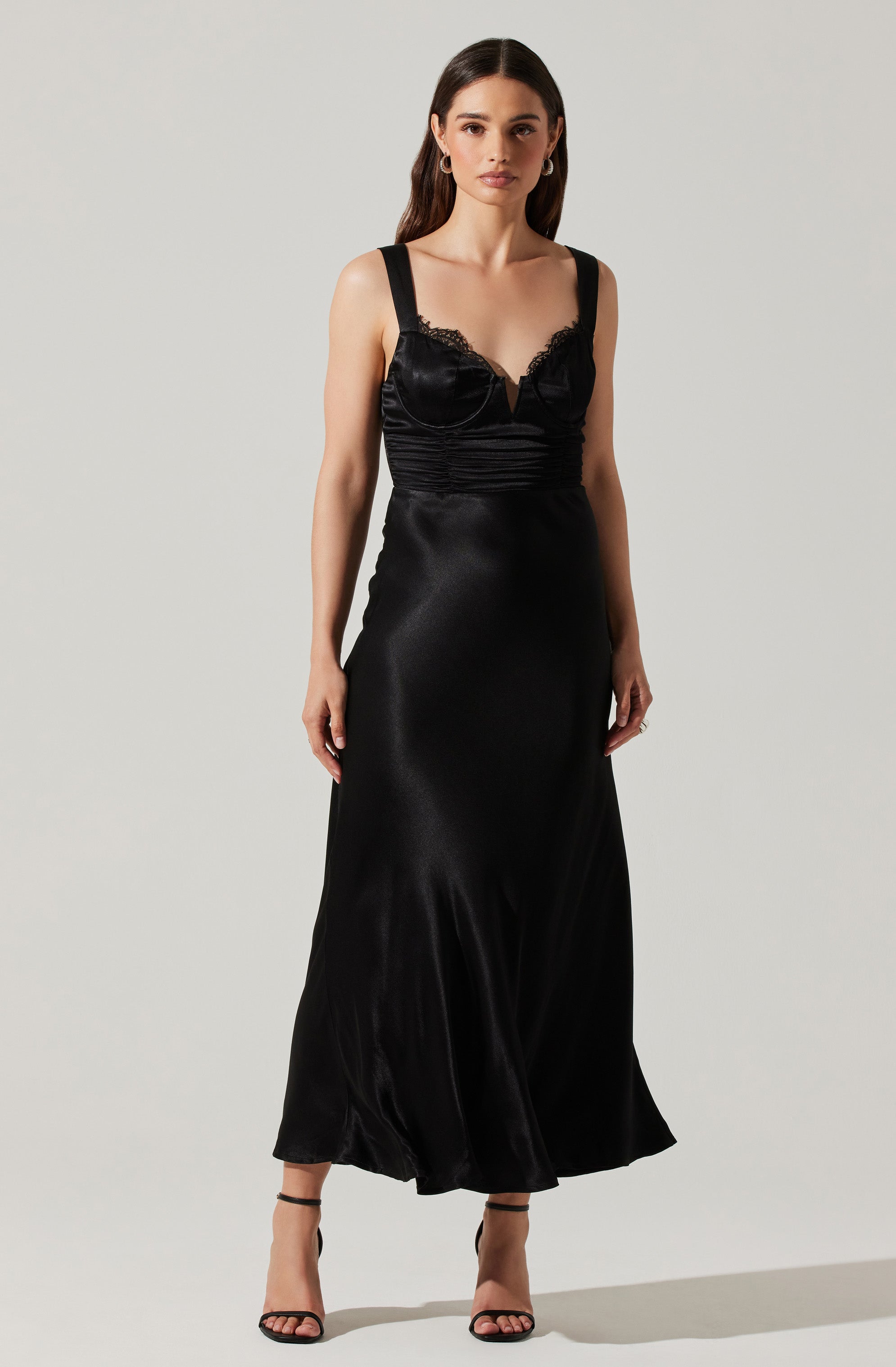 Aeris Satin Lace Trim Maxi Dress-Aljck
