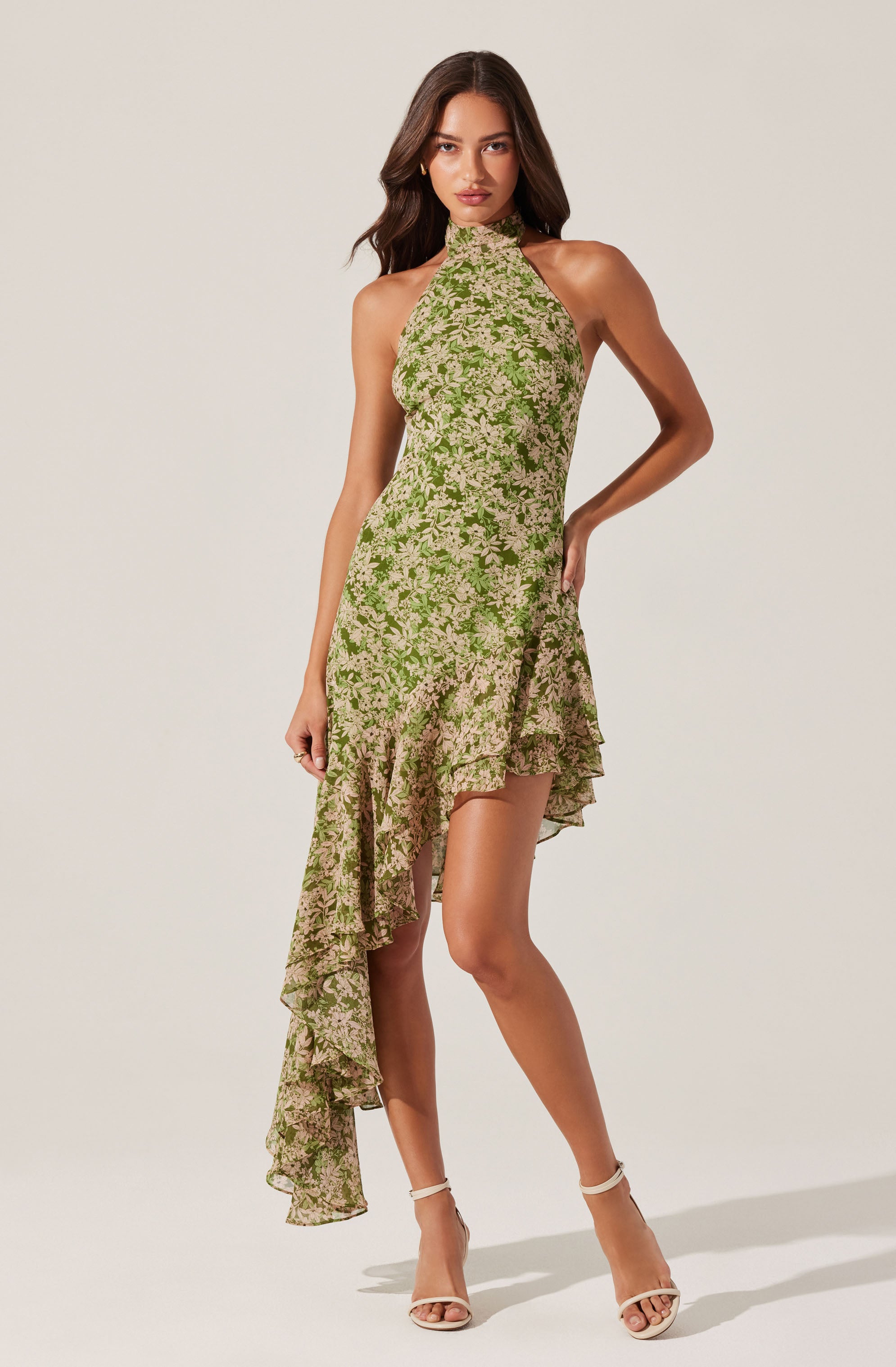 Asymmetrical Ruffle Hem Halter Dress-Aljck