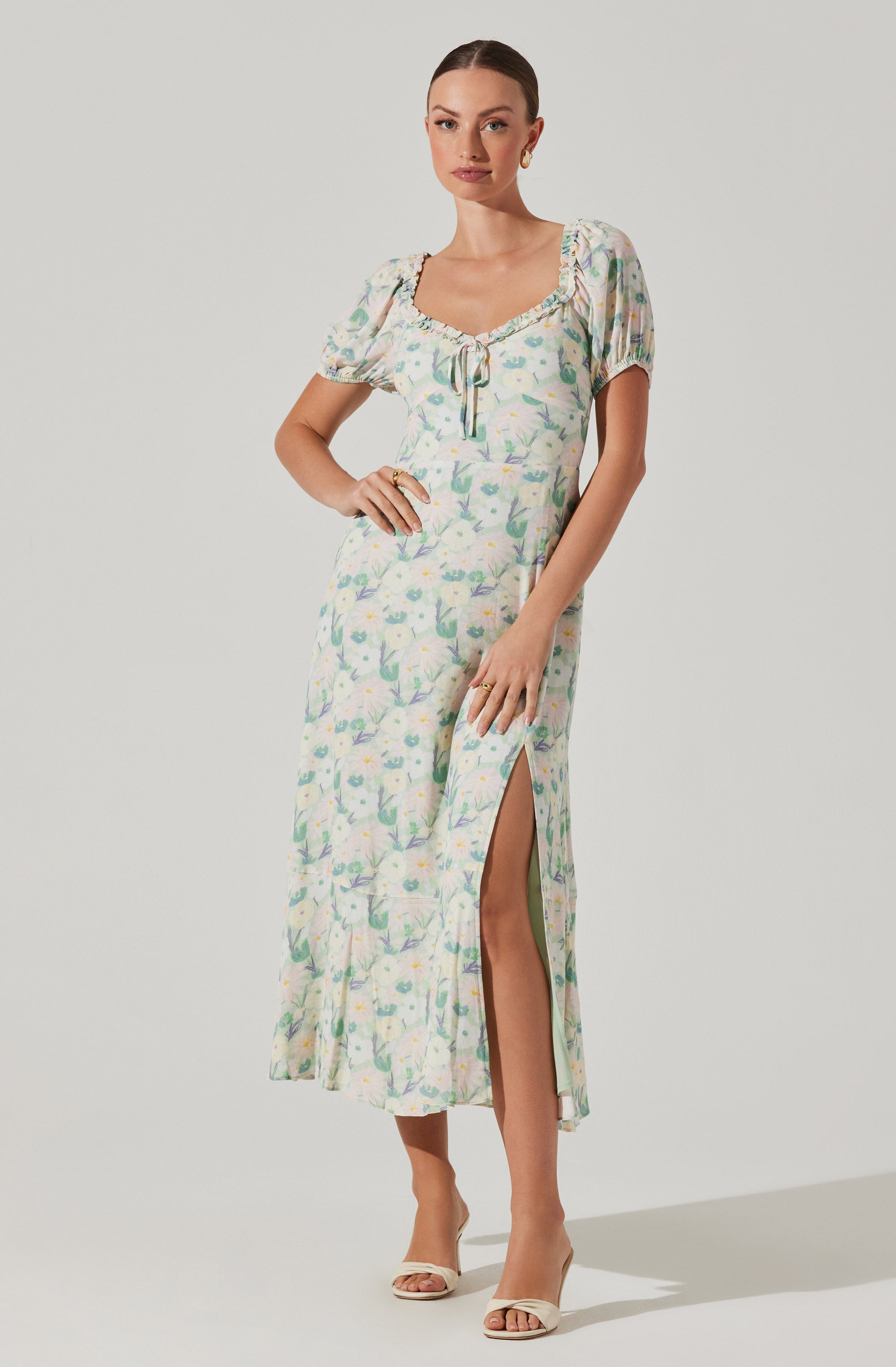 Puff Sleeve Floral Midi Dress-Aljck