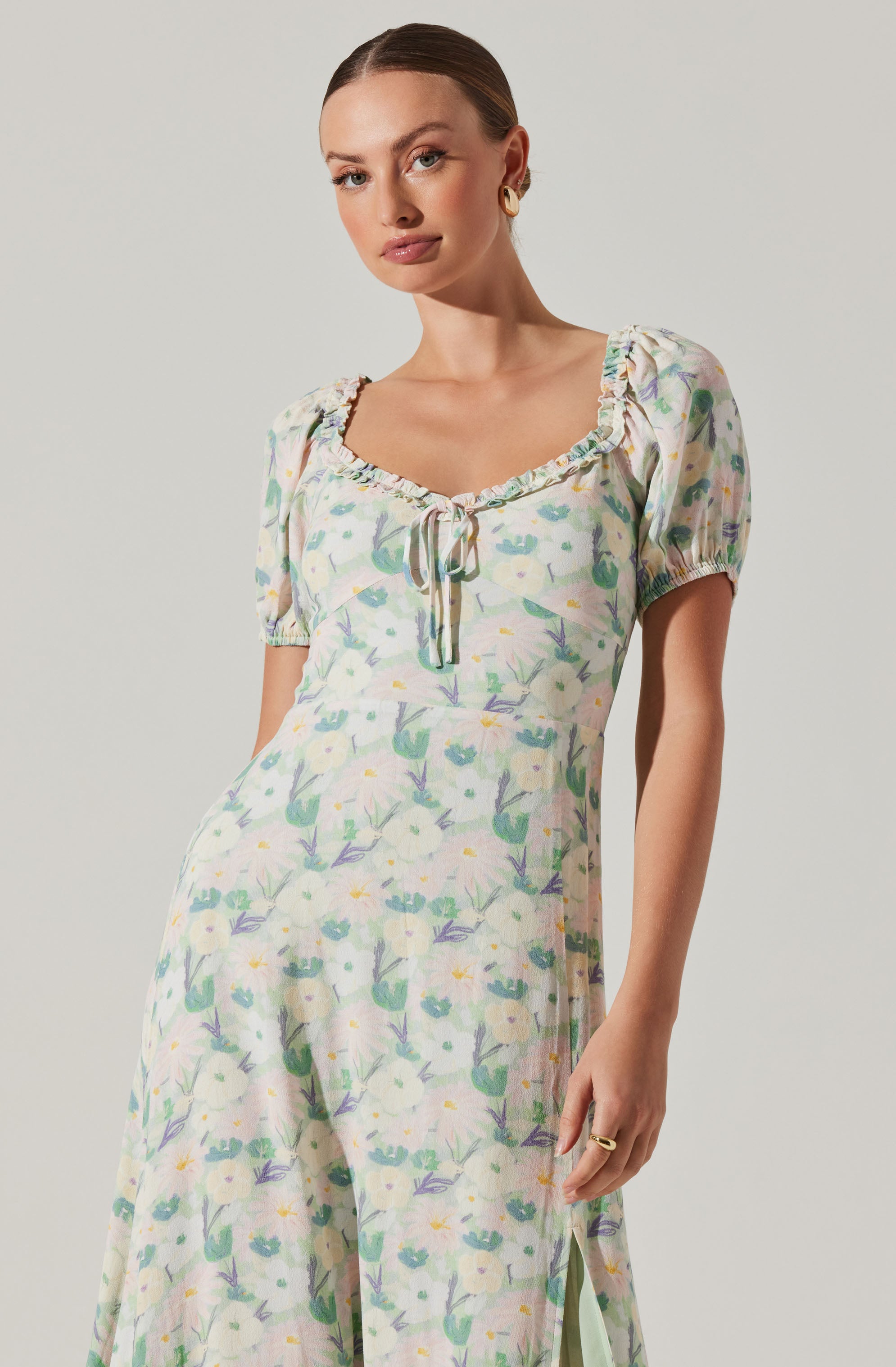 Puff Sleeve Floral Midi Dress-Aljck