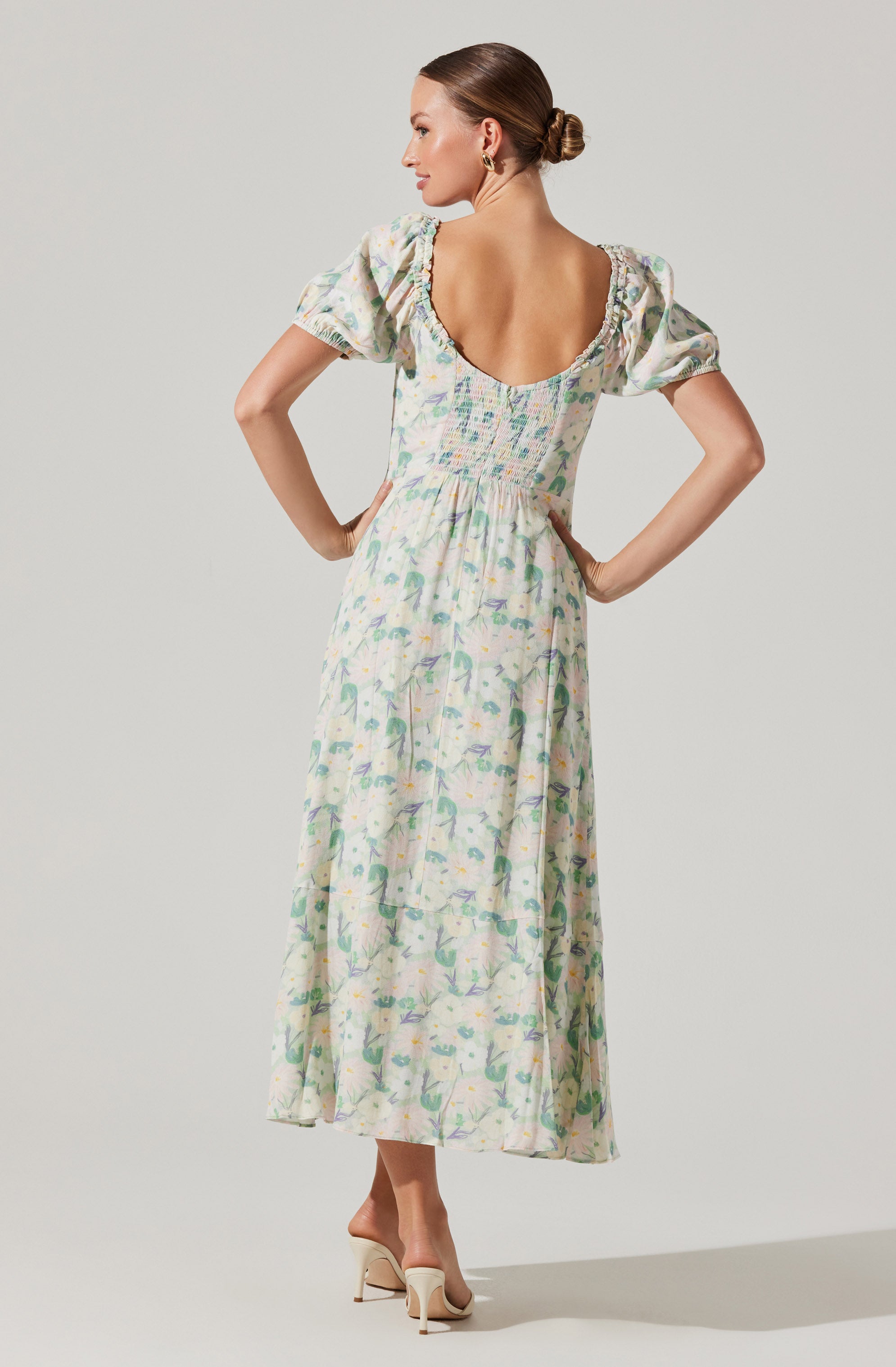 Puff Sleeve Floral Midi Dress-Aljck