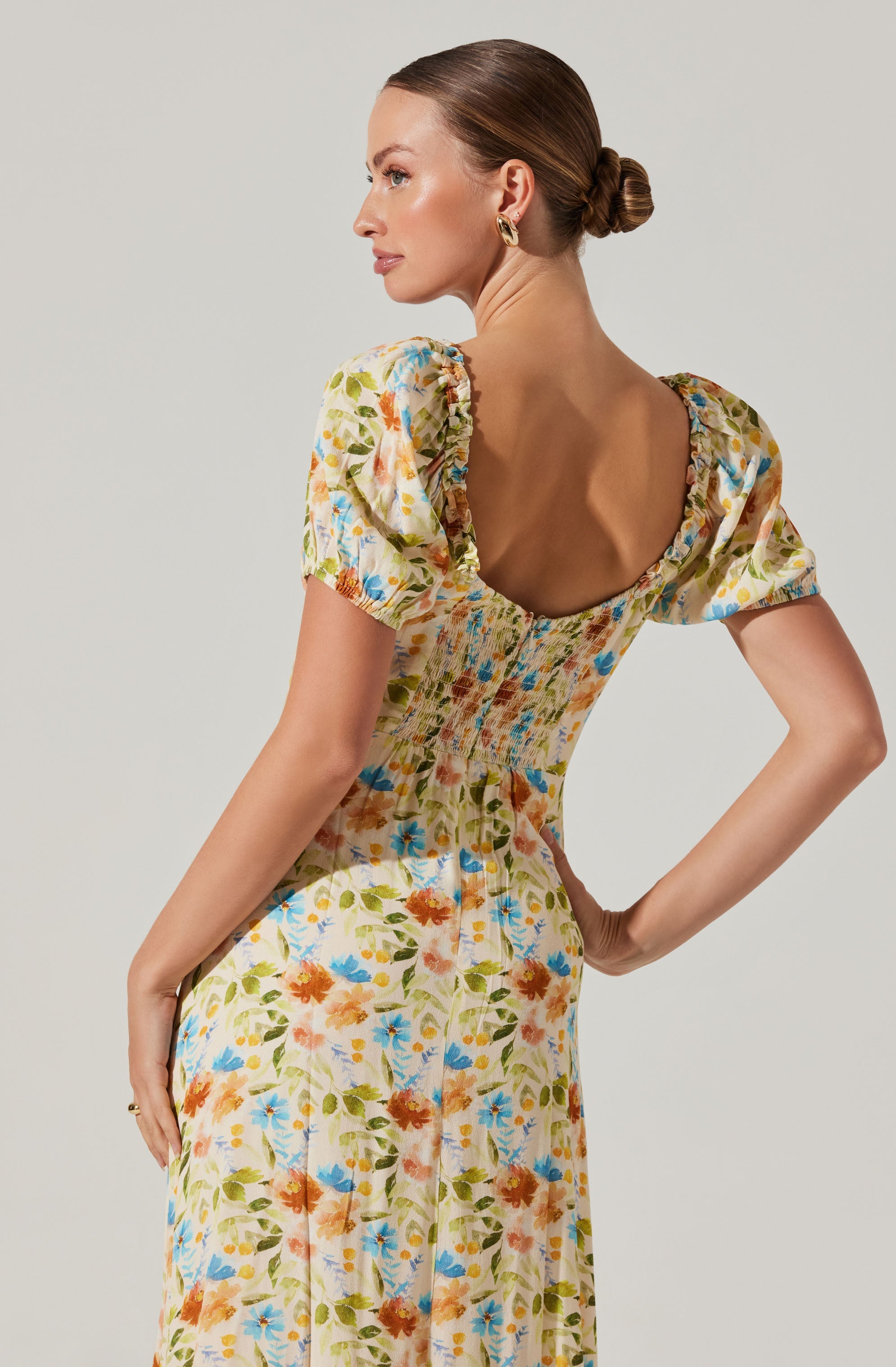 Puff Sleeve Floral Midi Dress-Aljck