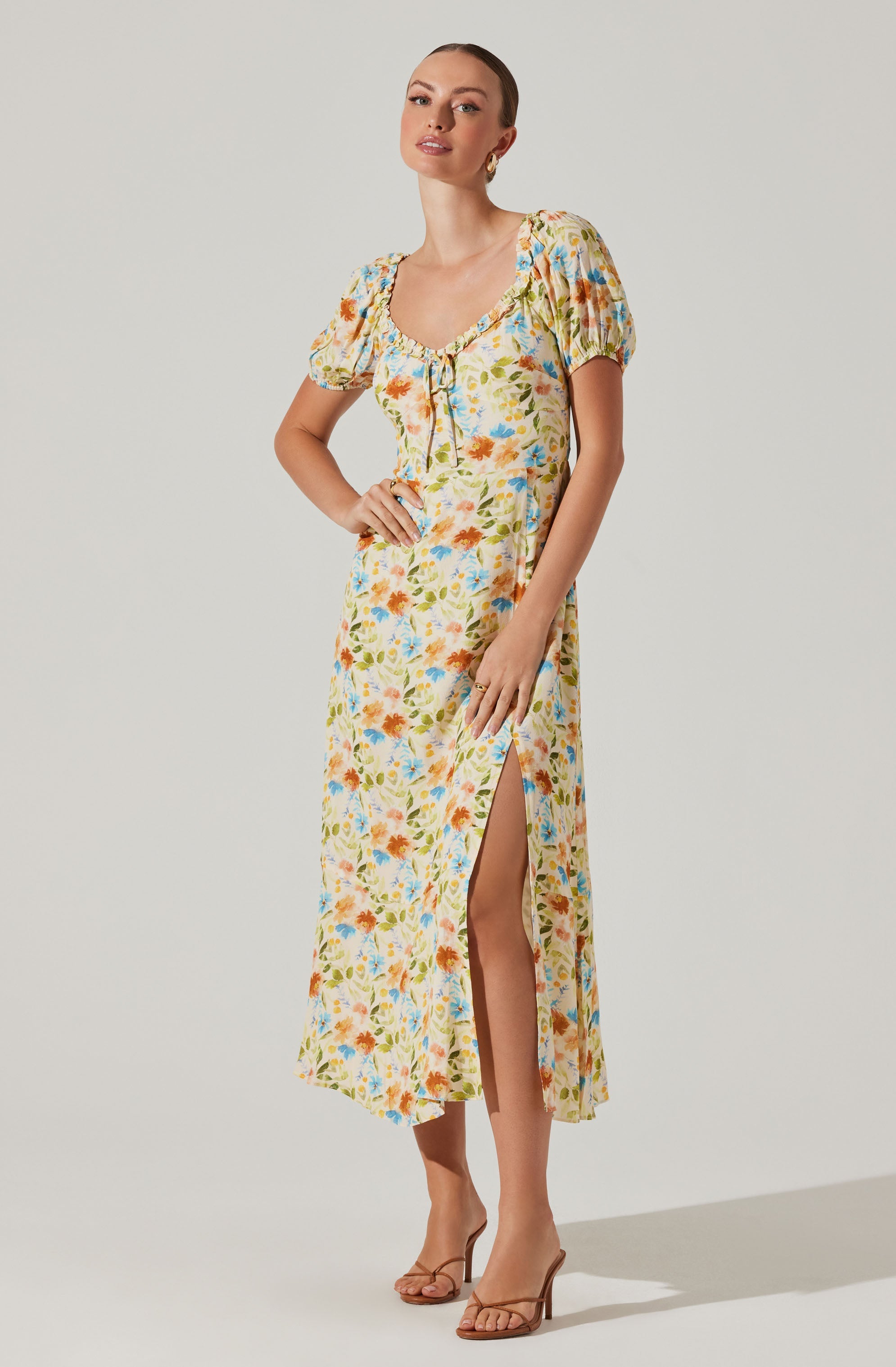 Puff Sleeve Floral Midi Dress-Aljck