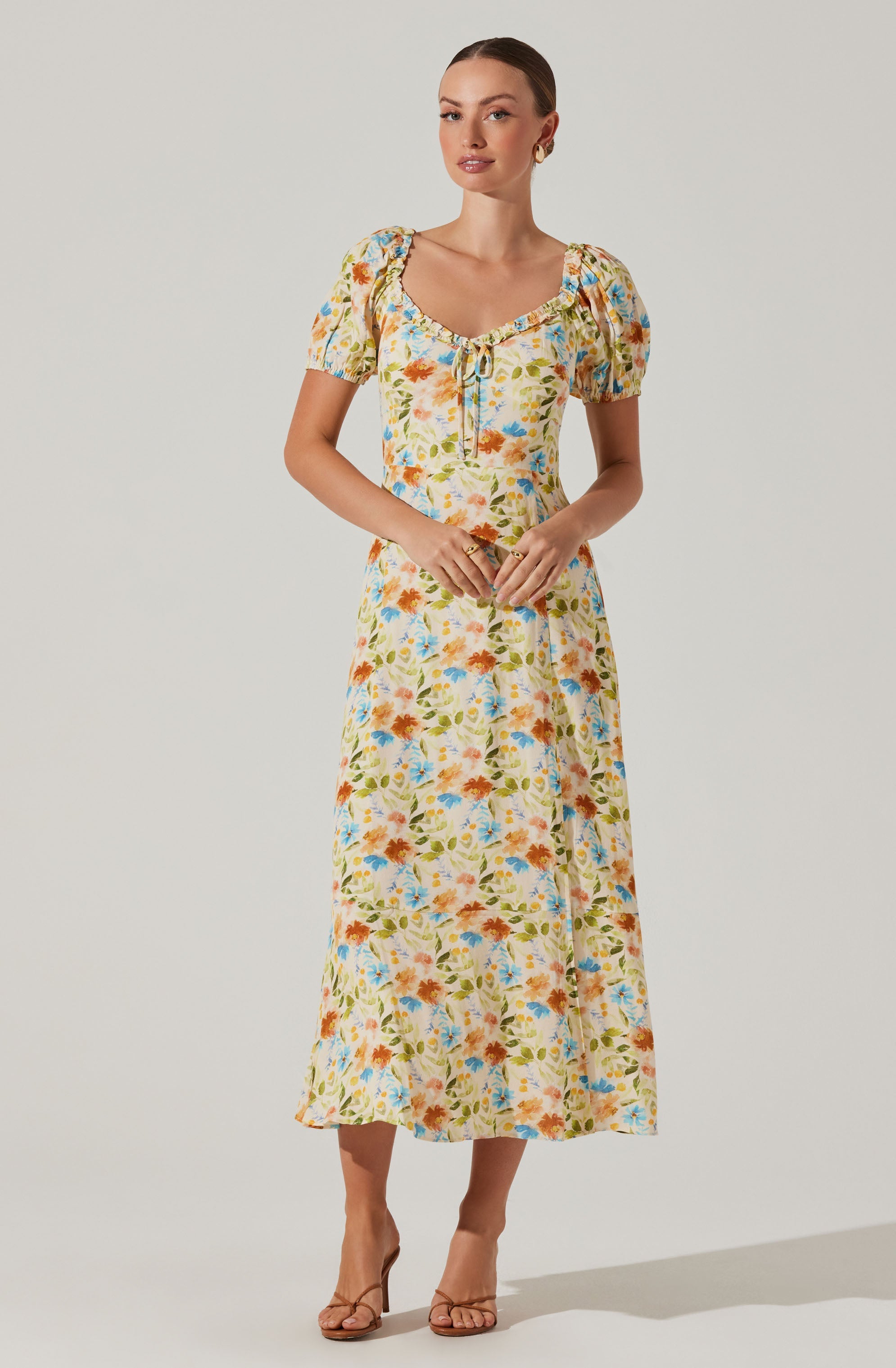 Puff Sleeve Floral Midi Dress-Aljck