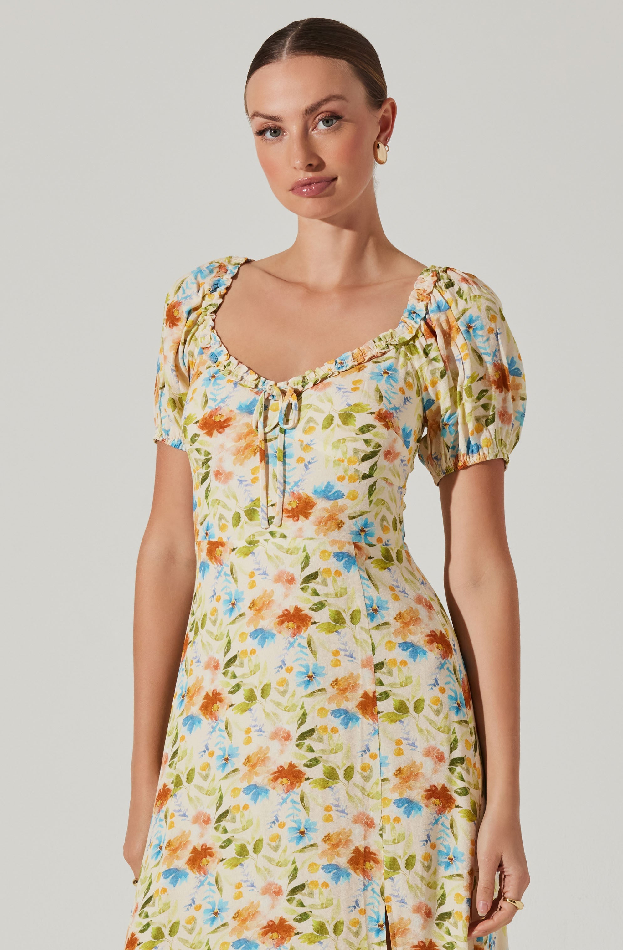 Puff Sleeve Floral Midi Dress-Aljck