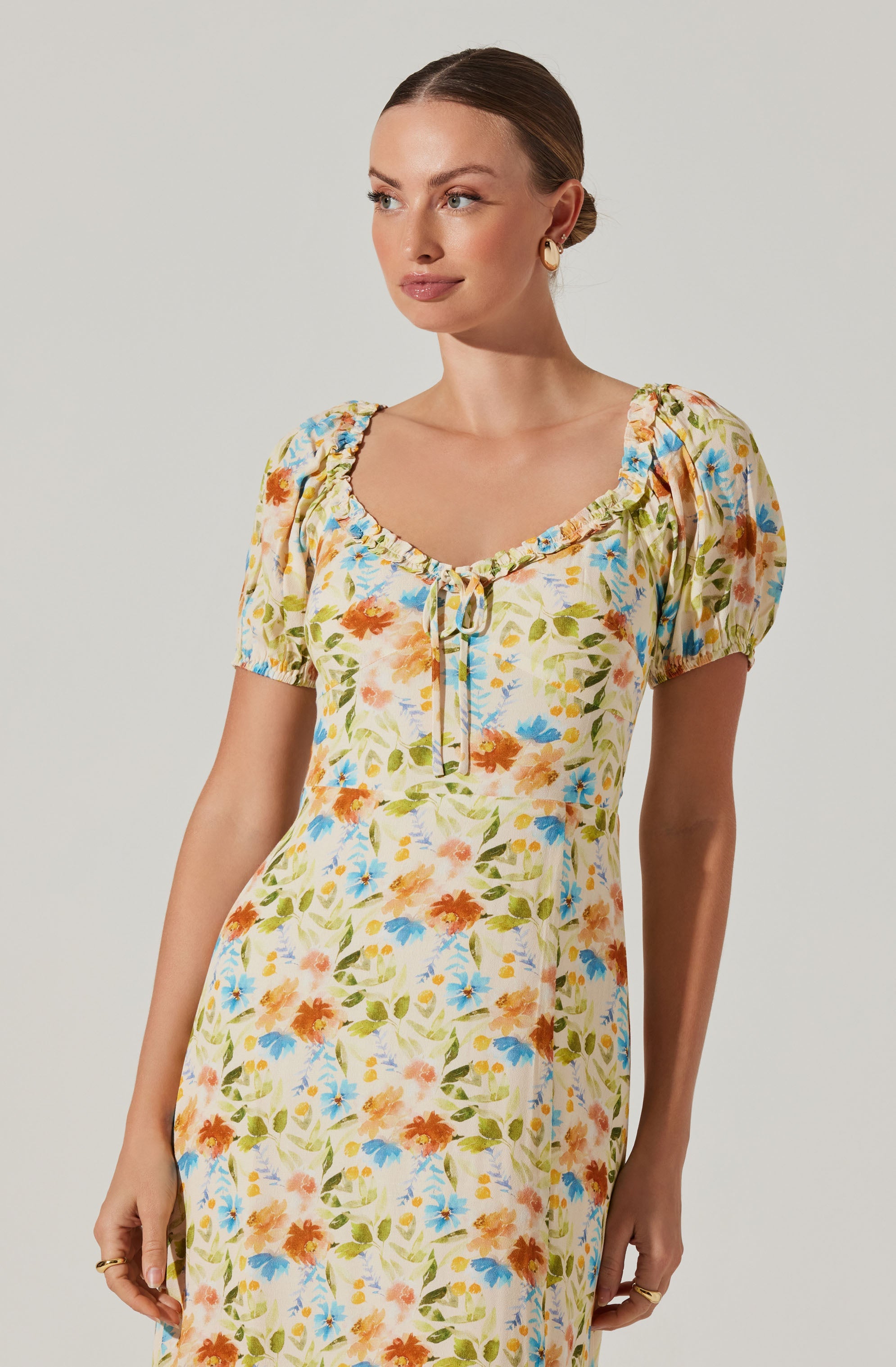 Puff Sleeve Floral Midi Dress-Aljck