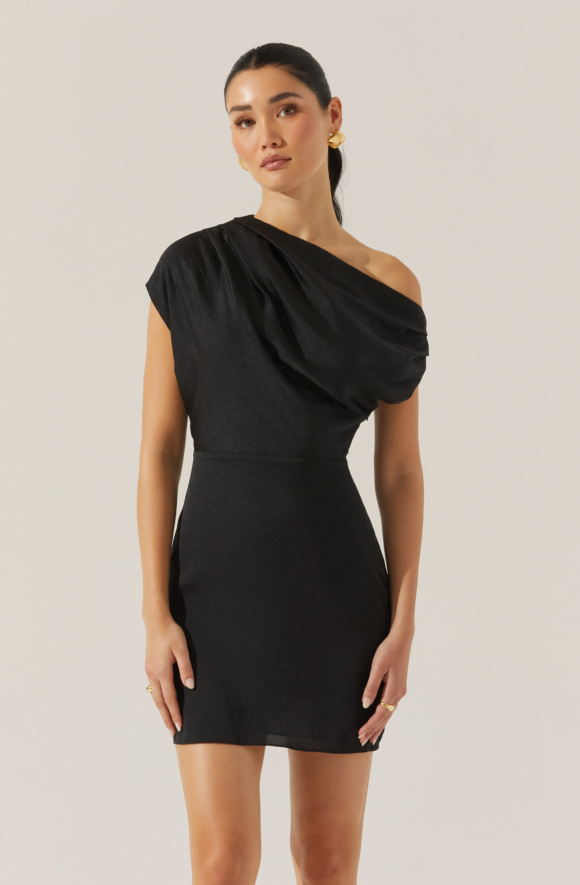 Draped Off Shoulder Mini Dress-Aljck