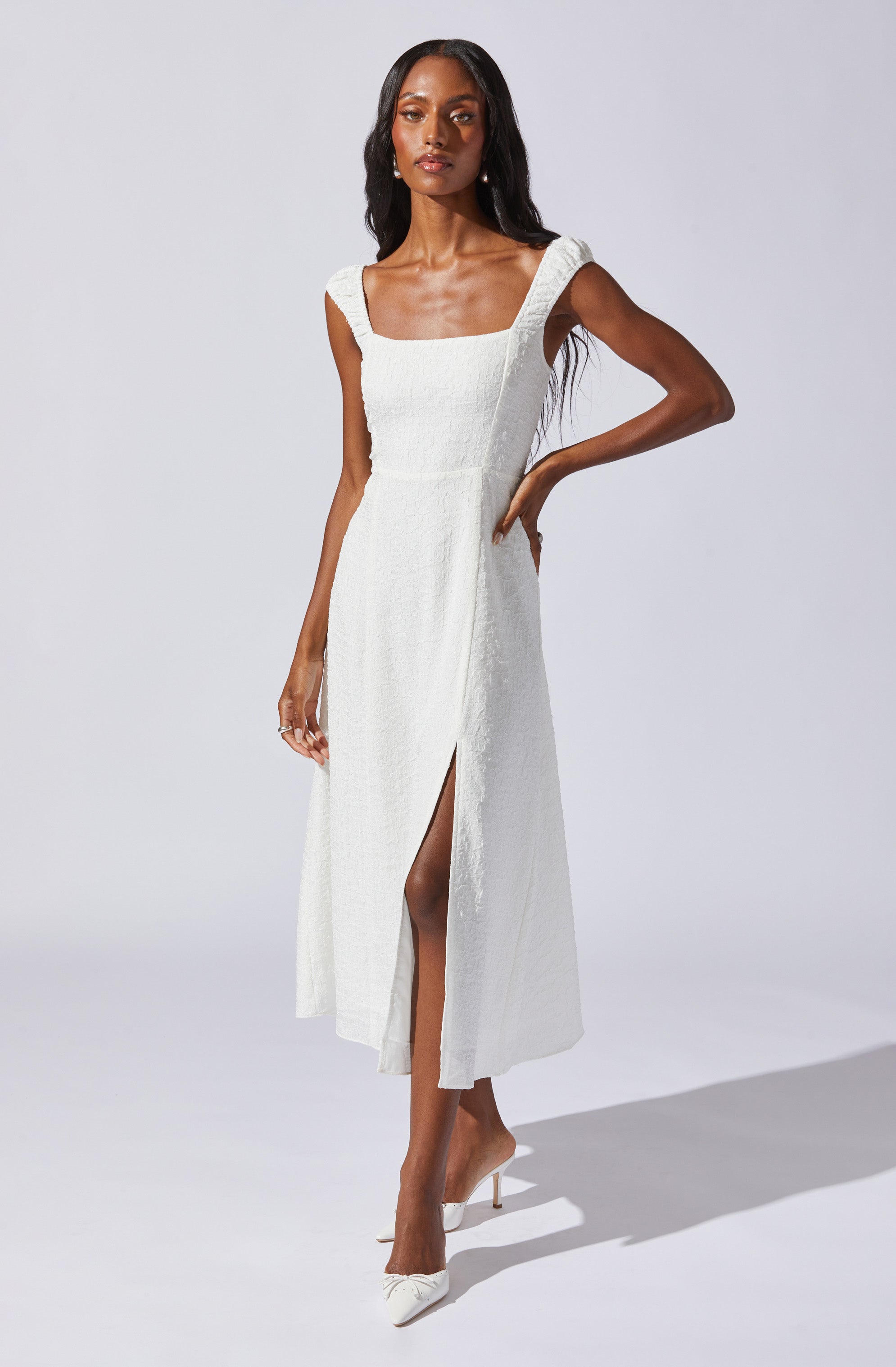 Crinkle Shoulder Midi Dress-Aljck