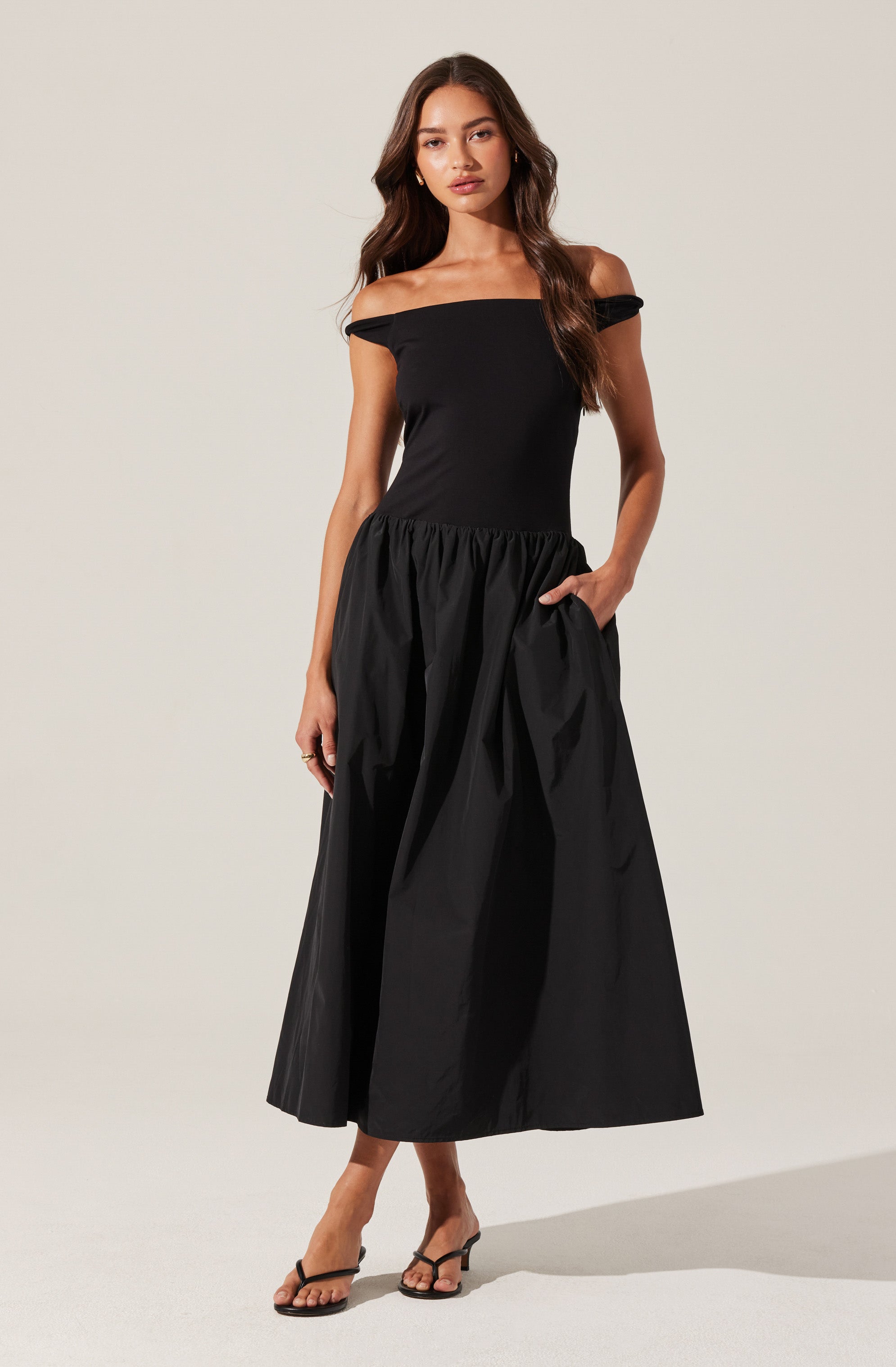 Off Shoulder Poplin Midi Dress-Aljck