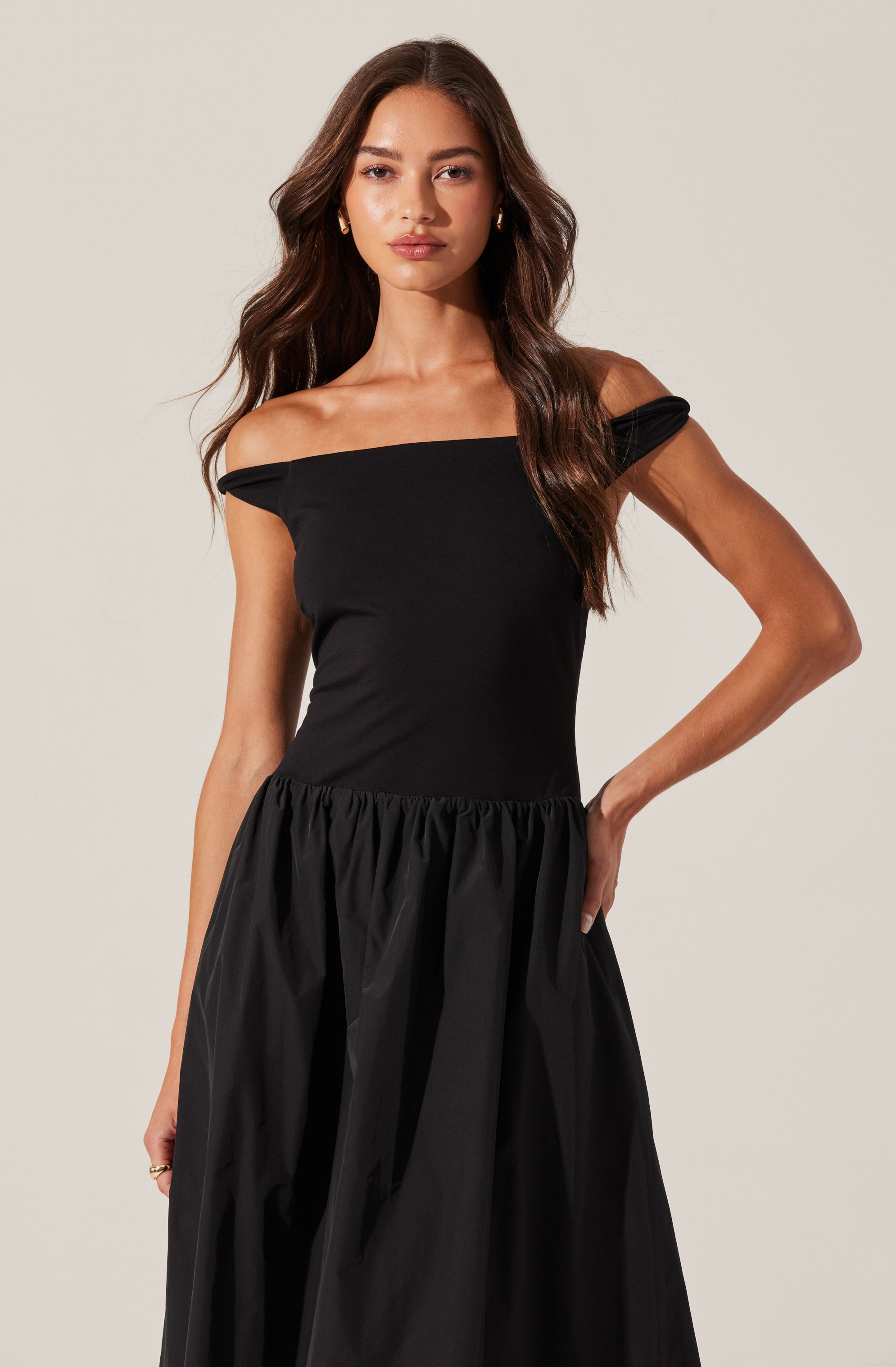 Off Shoulder Poplin Midi Dress-Aljck