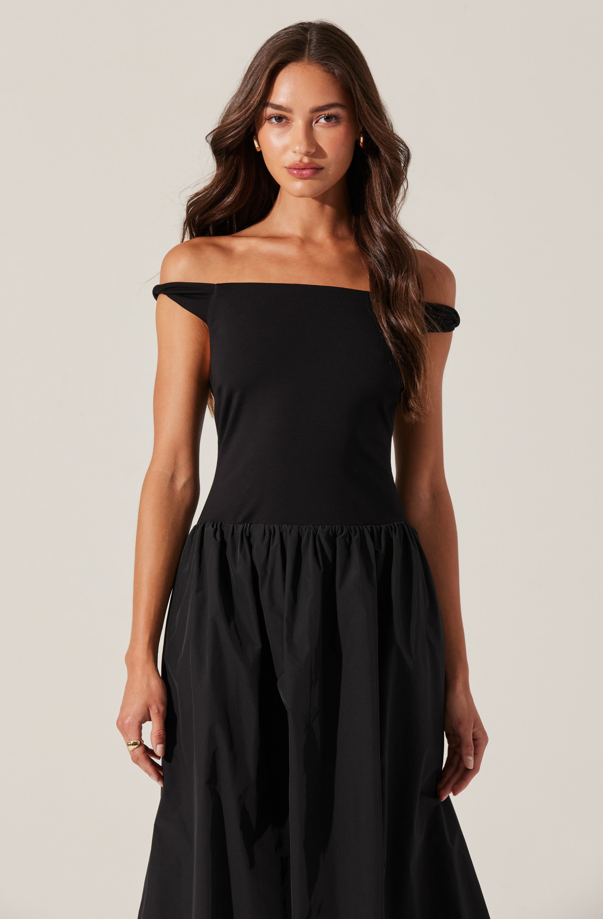 Off Shoulder Poplin Midi Dress-Aljck