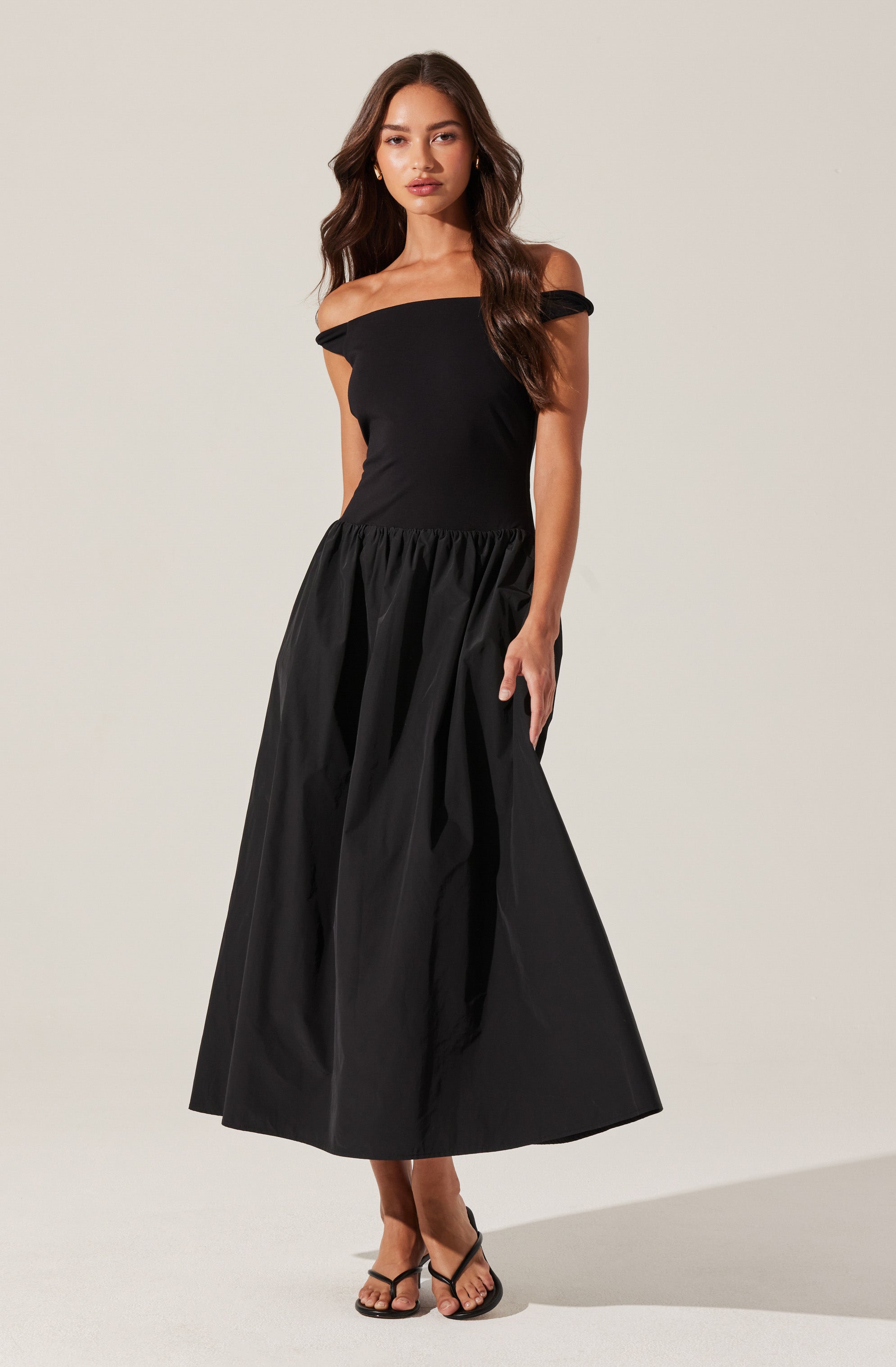 Off Shoulder Poplin Midi Dress-Aljck