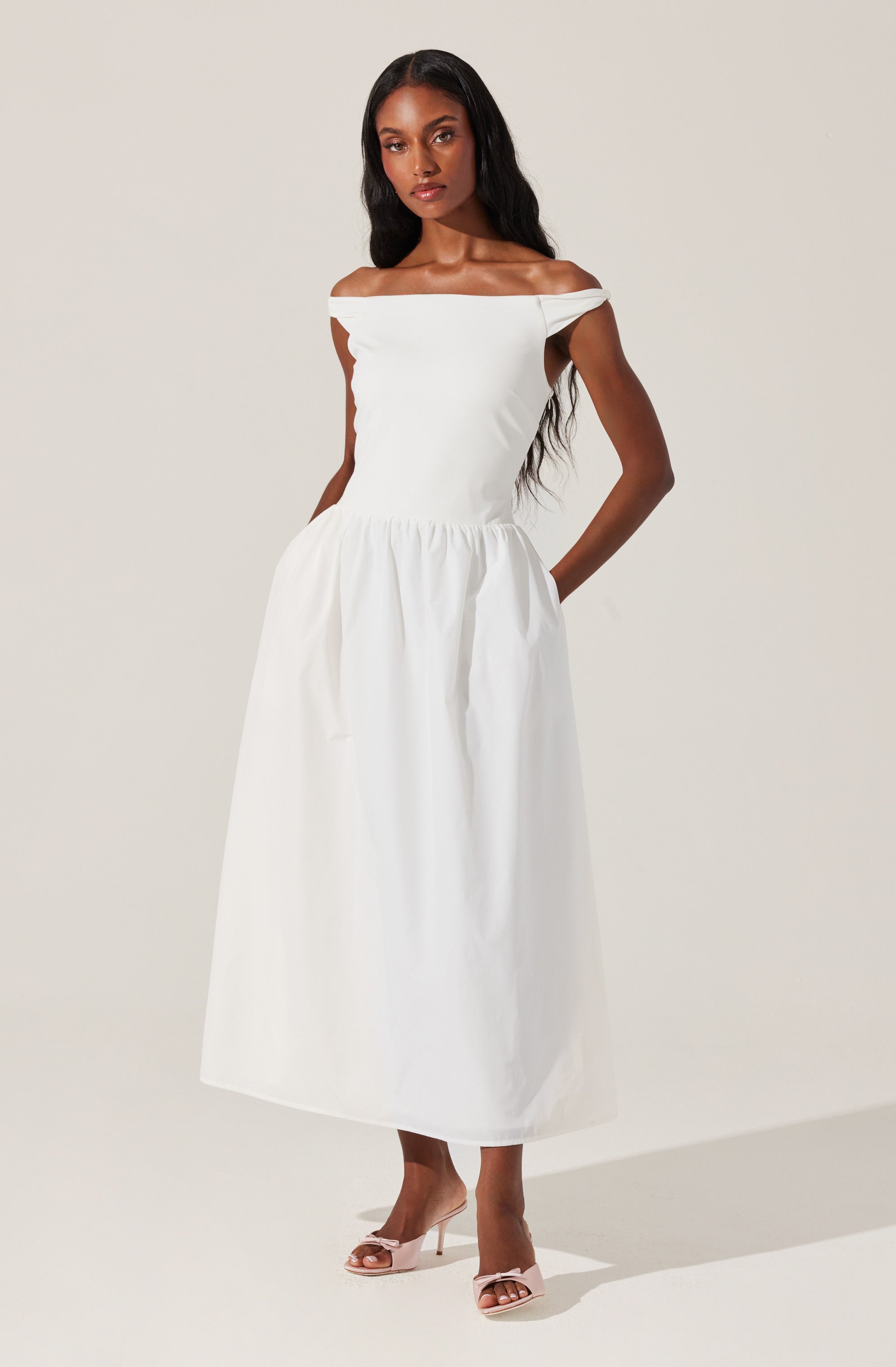Off Shoulder Poplin Midi Dress-Aljck